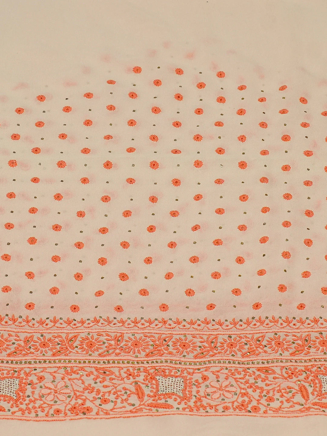 Ada Hand Embroidered Crayola Peach Pure Georgette Lucknowi Chikankari Unstitched Suit Piece With Muqaish Work A336492