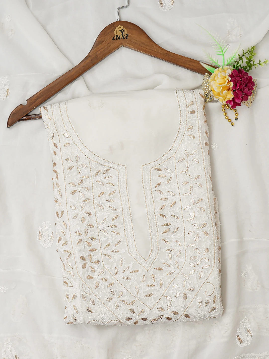 Ada Hand Embroidered White Viscose Georgette Lucknowi Chikankari Unstitched Kurta Dupatta Set With Gota Patti Work 01A699180