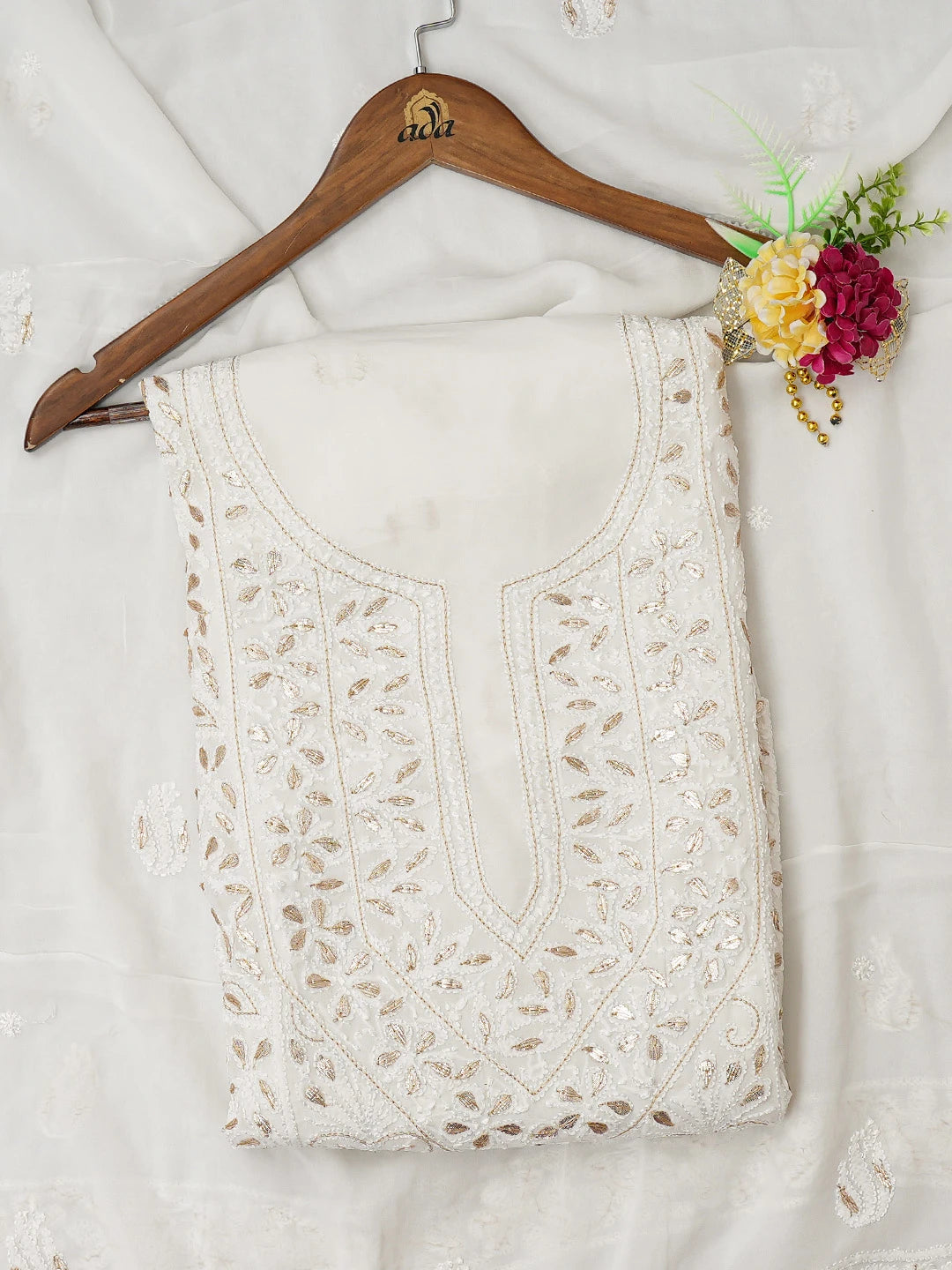 Ada Hand Embroidered White Viscose Georgette Lucknowi Chikankari Unstitched Kurta Dupatta Set With Gota Patti Work 01A699180