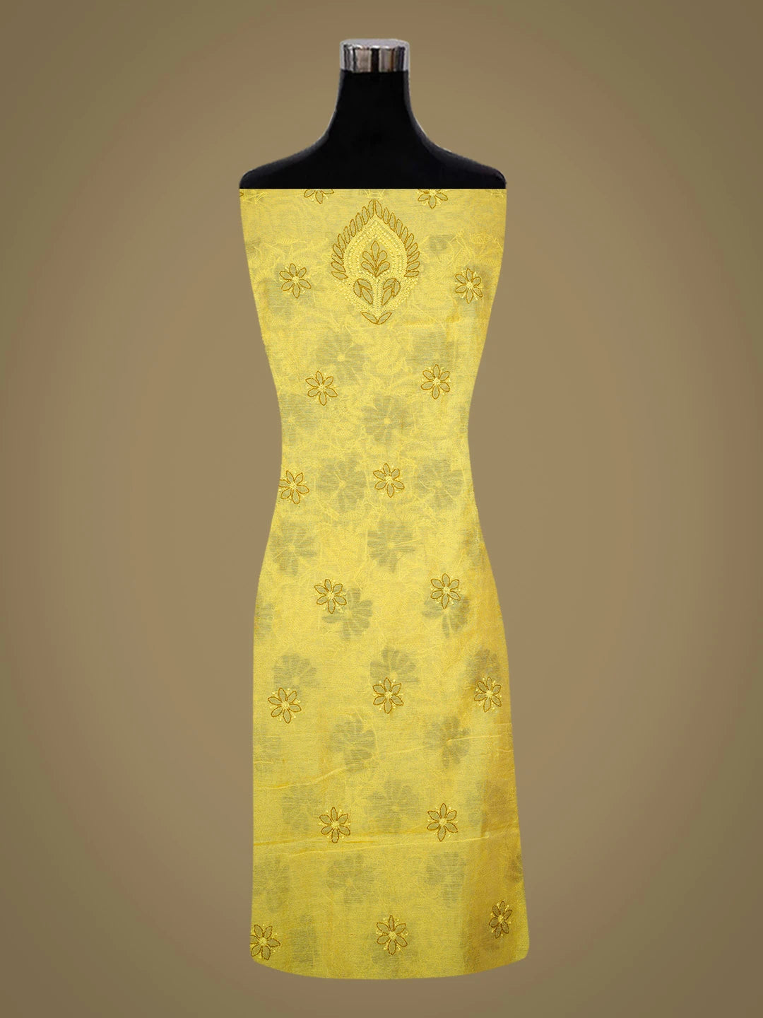Ada Hand Embroidered Citrine Yellow Chanderi Lucknowi Chikankari Unstitched Kurta Dupatta Set 01A647036