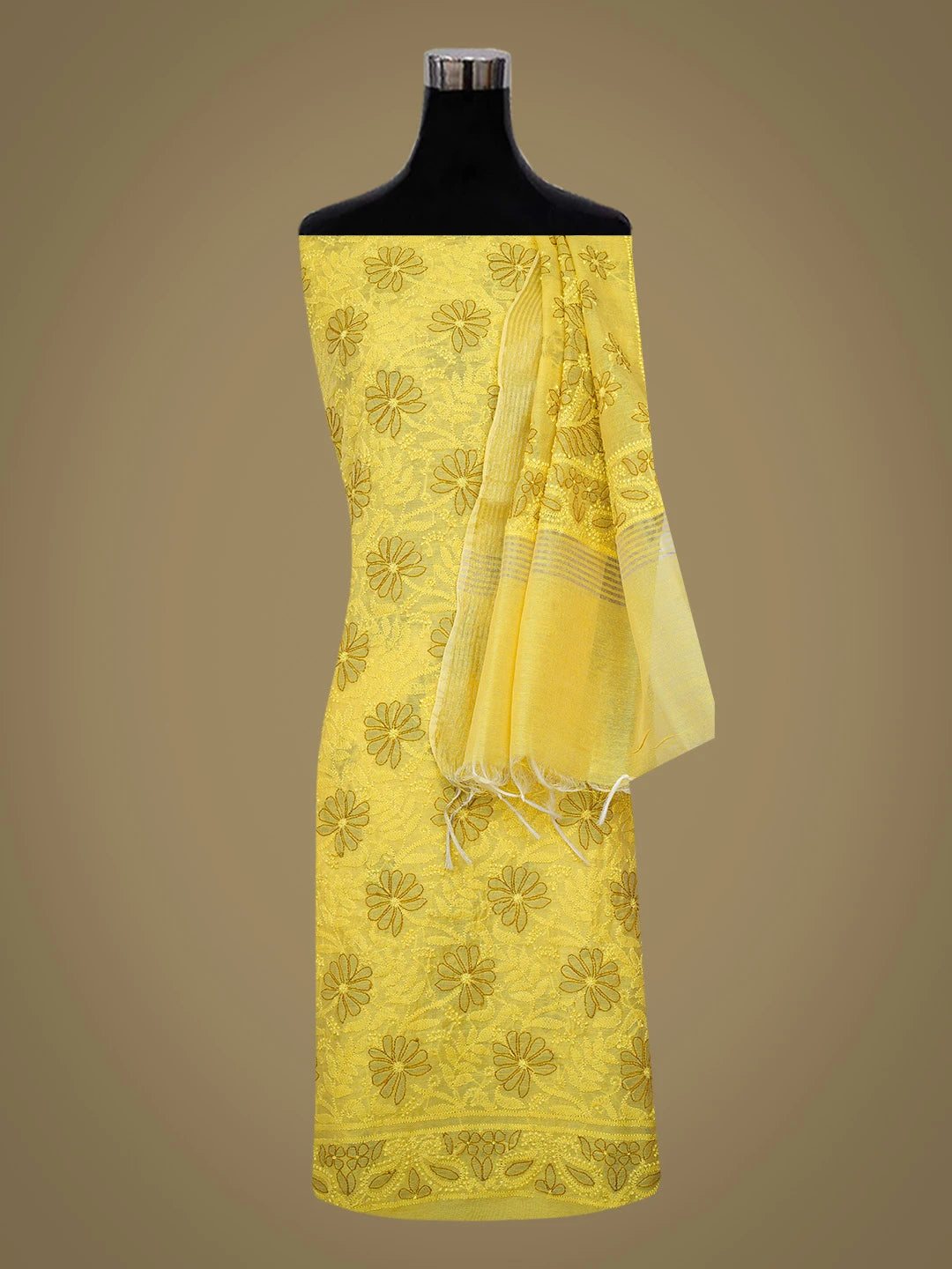 Ada Hand Embroidered Citrine Yellow Chanderi Lucknowi Chikankari Unstitched Kurta Dupatta Set 01A647036