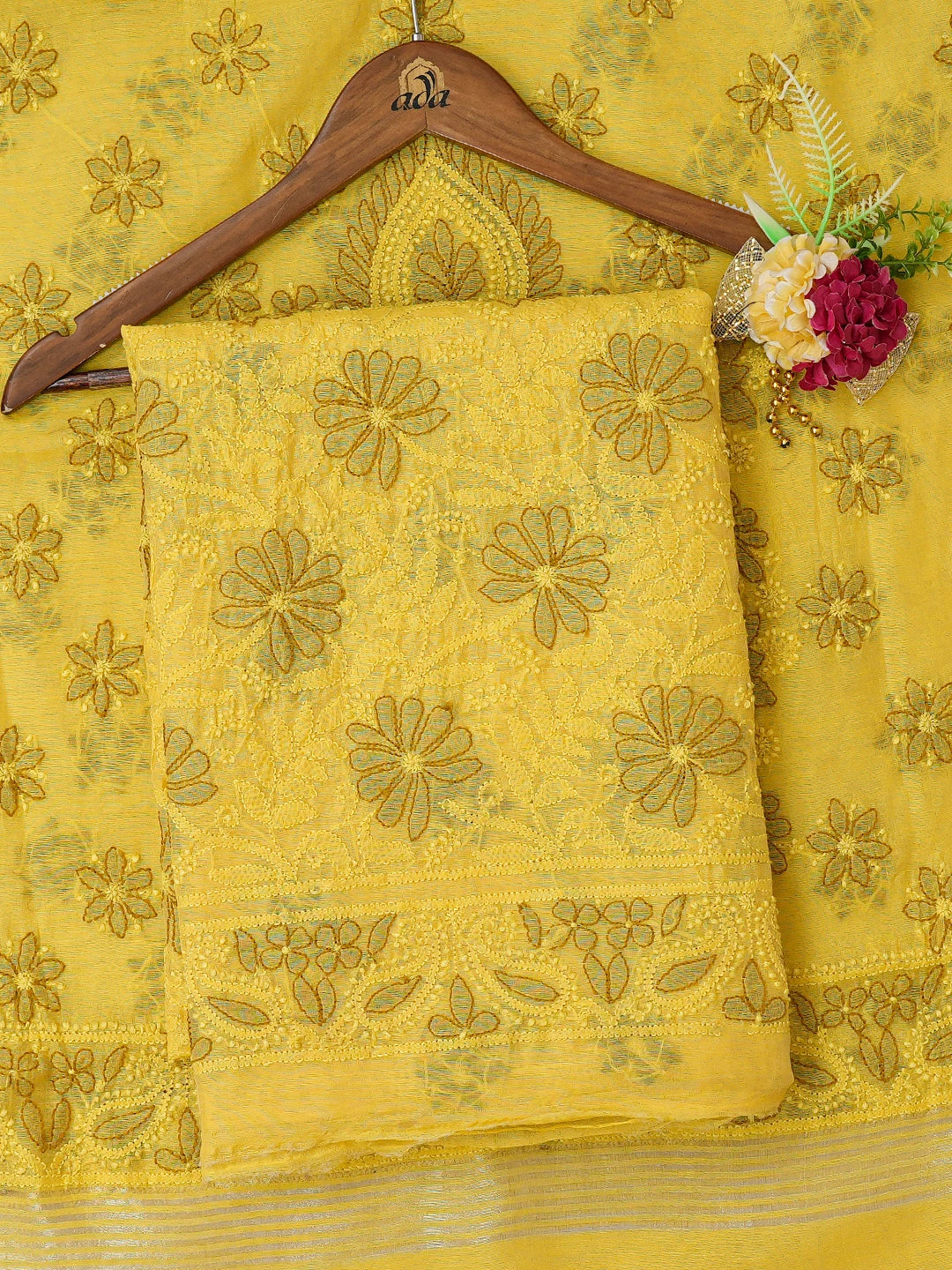 Ada Hand Embroidered Citrine Yellow Chanderi Lucknowi Chikankari Unstitched Kurta Dupatta Set 01A647036