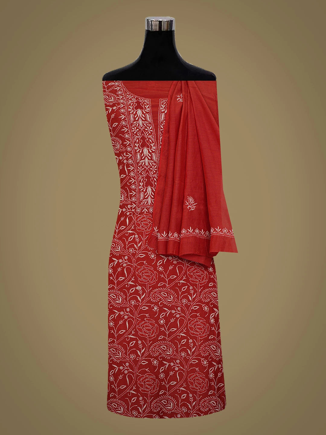 Ada Hand Embroidered Red Muslin Lucknowi Chikankari Unstitched Kurta Dupatta Set 01A682743
