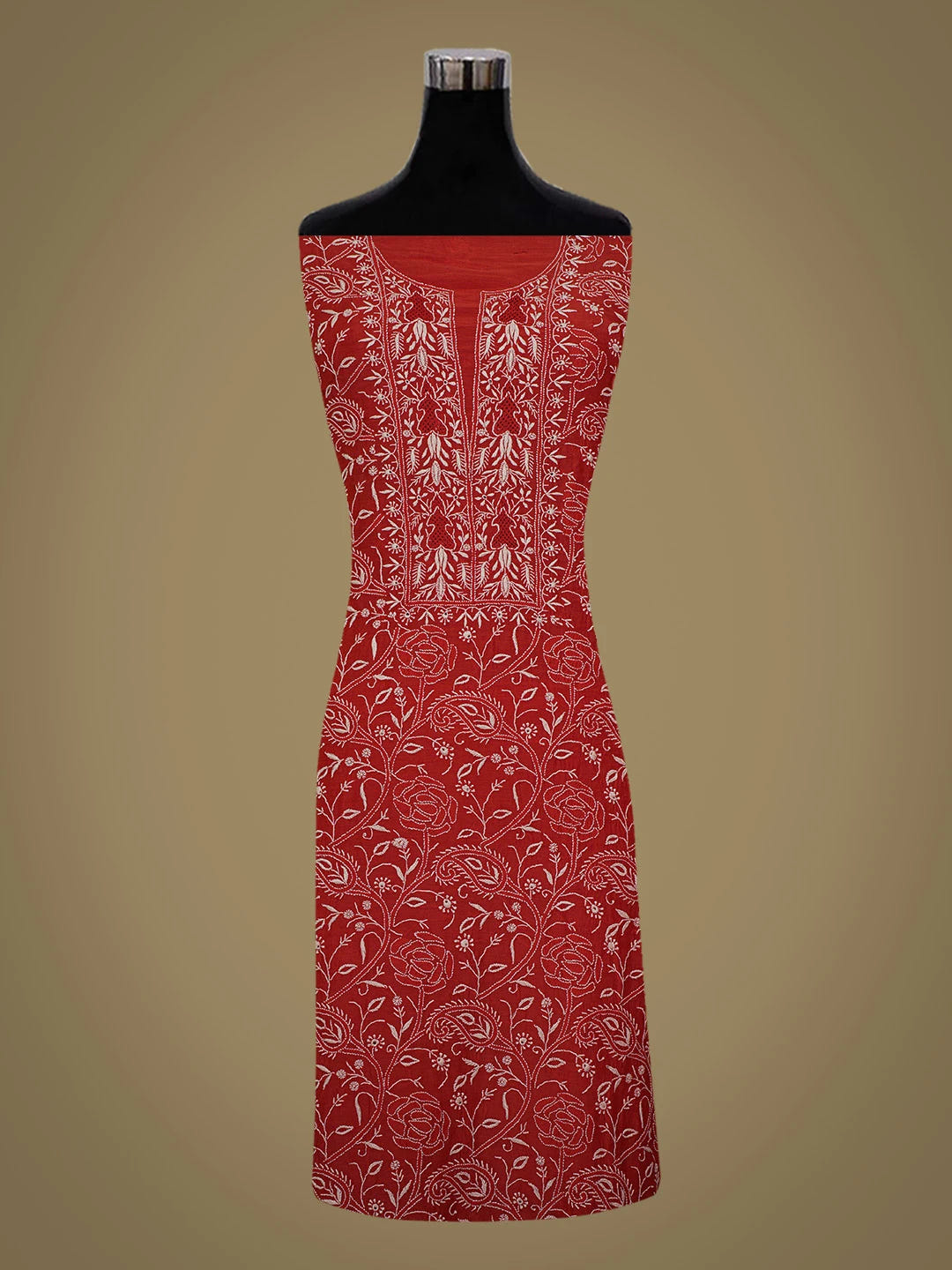 Ada Hand Embroidered Red Muslin Lucknowi Chikankari Unstitched Kurta Dupatta Set 01A682743