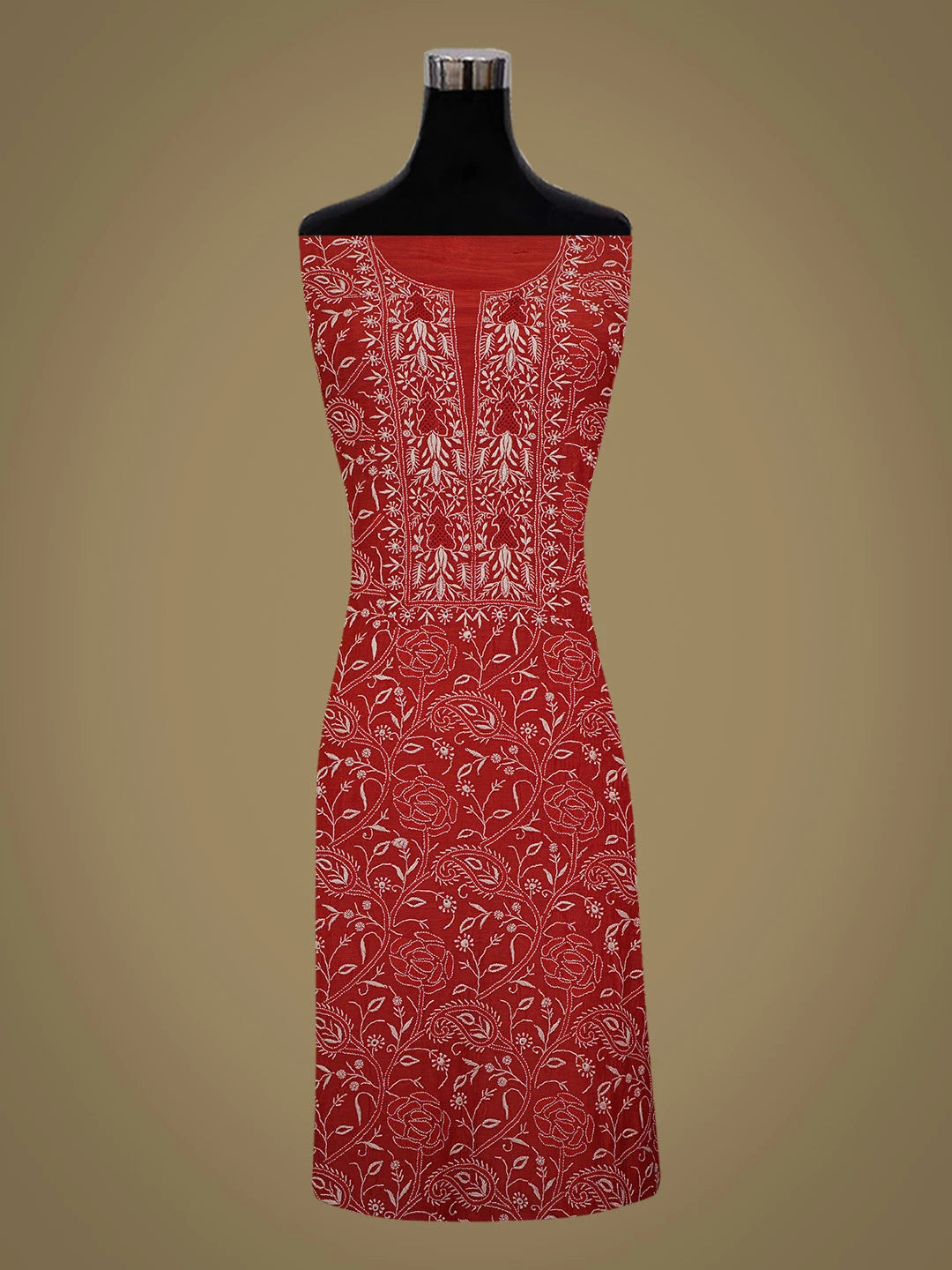 Ada Hand Embroidered Red Muslin Lucknowi Chikankari Unstitched Kurta Dupatta Set 01A682743