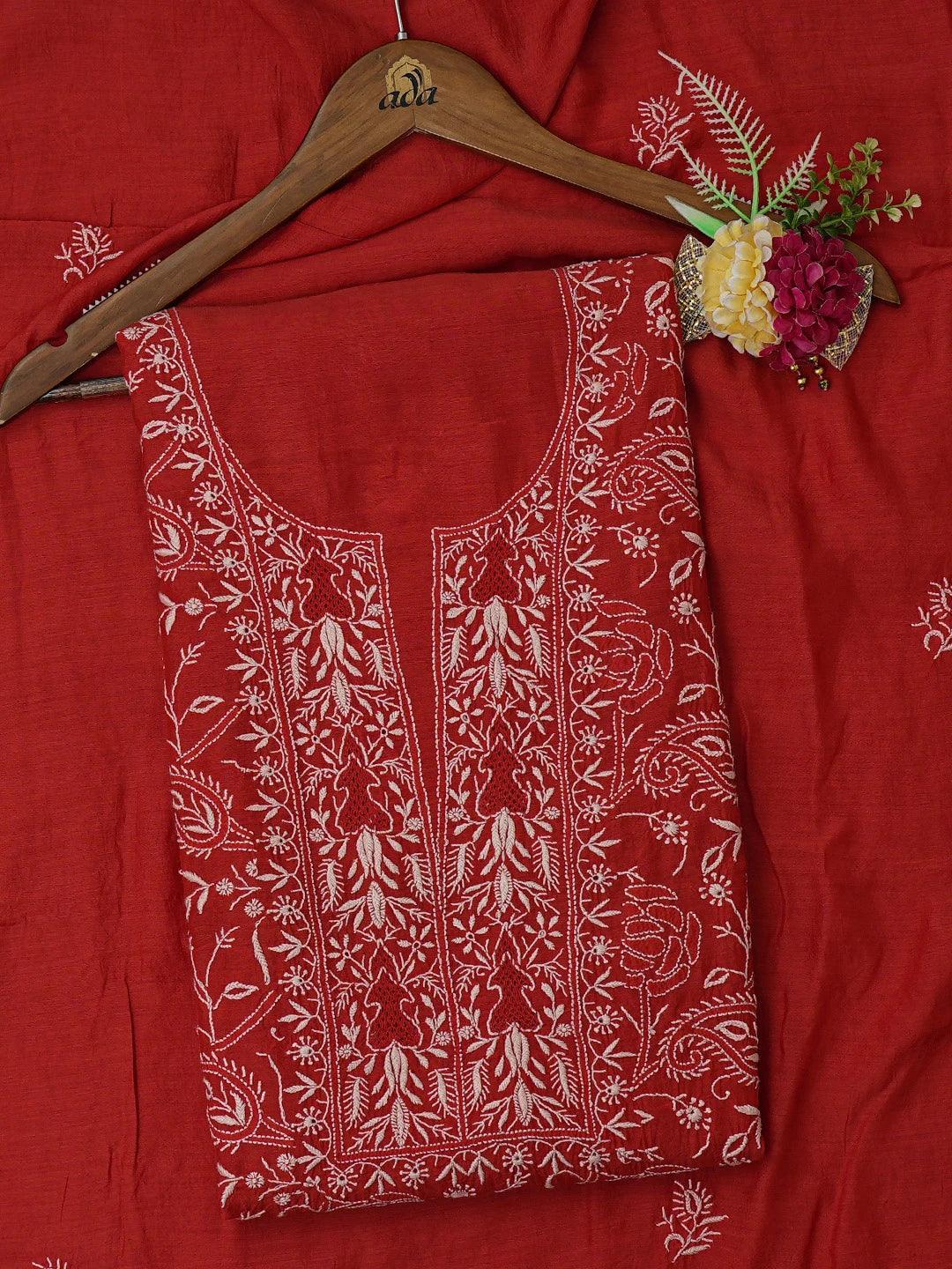 Ada Hand Embroidered Red Muslin Lucknowi Chikankari Unstitched Kurta Dupatta Set 01A682743