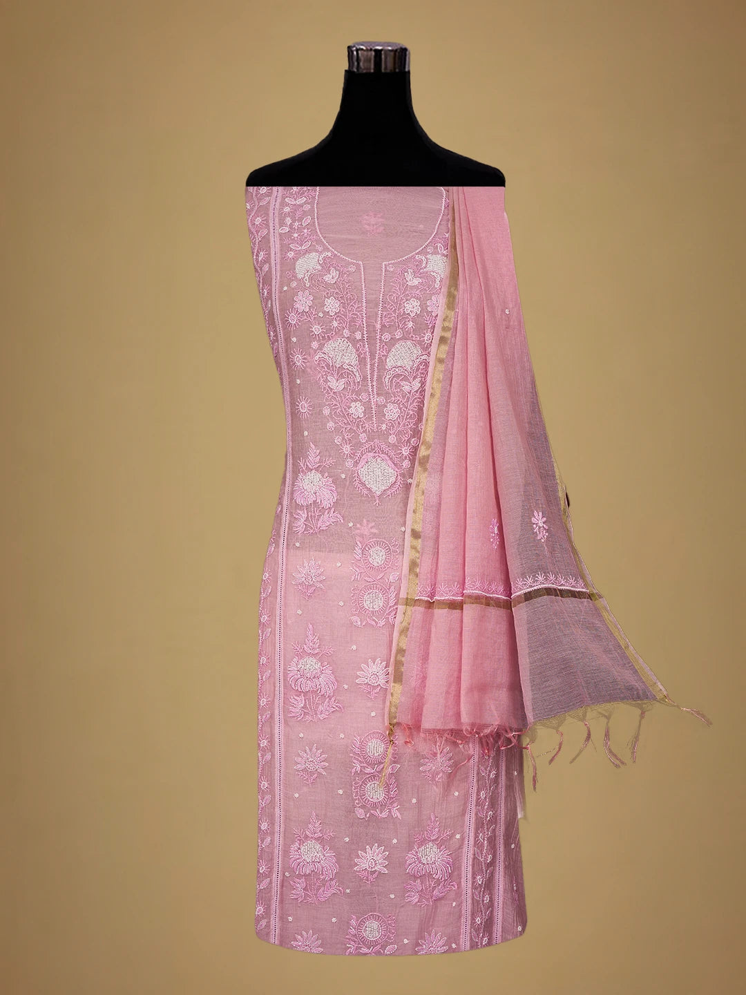 Ada Hand Embroidered Pink Chanderi Lucknowi Chikankari Semi-Stitched Kurta Dupatta Set With Pearl Work 01A700403
