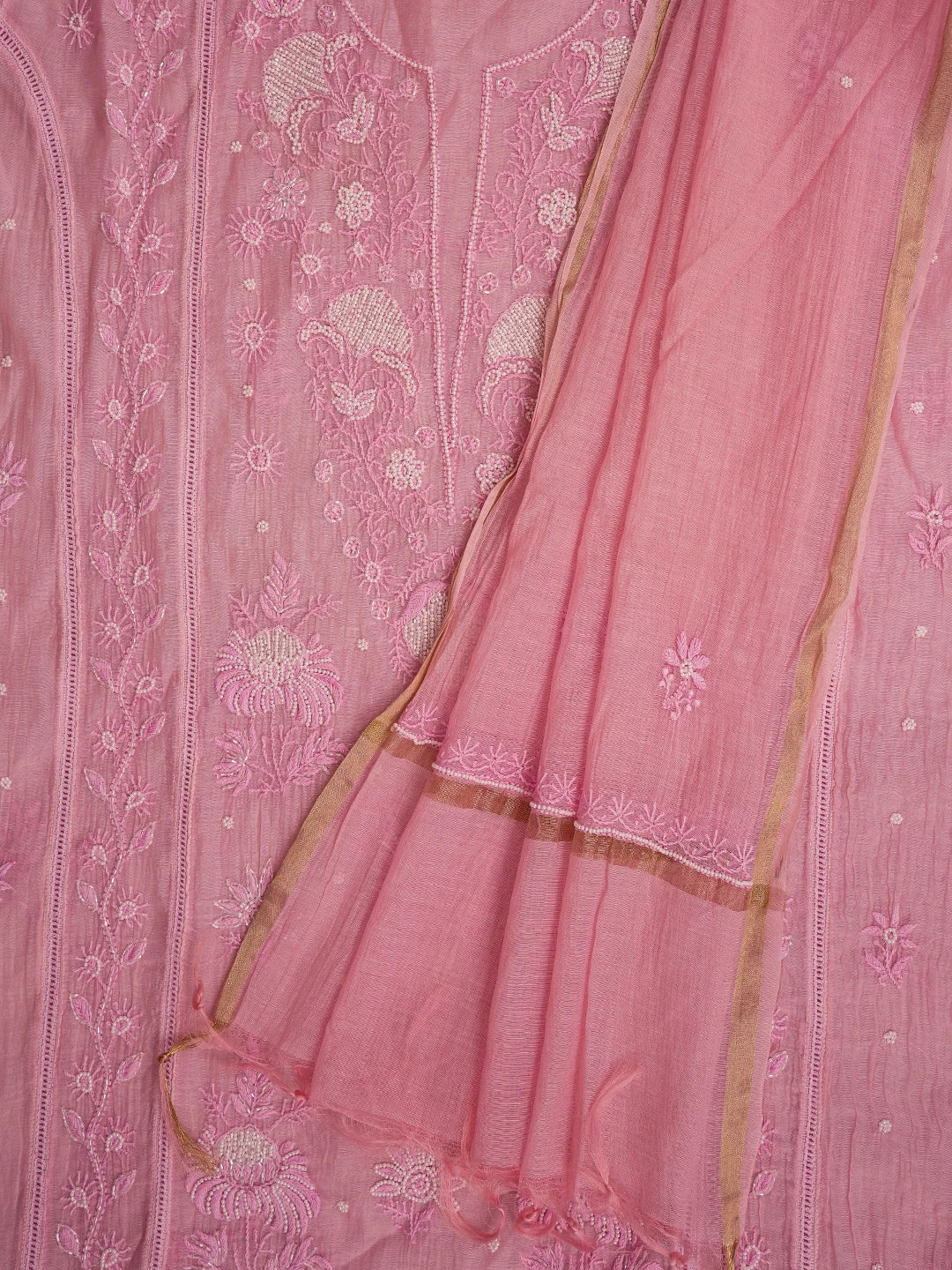 Ada Hand Embroidered Pink Chanderi Lucknowi Chikankari Semi-Stitched Kurta Dupatta Set With Pearl Work 01A700403