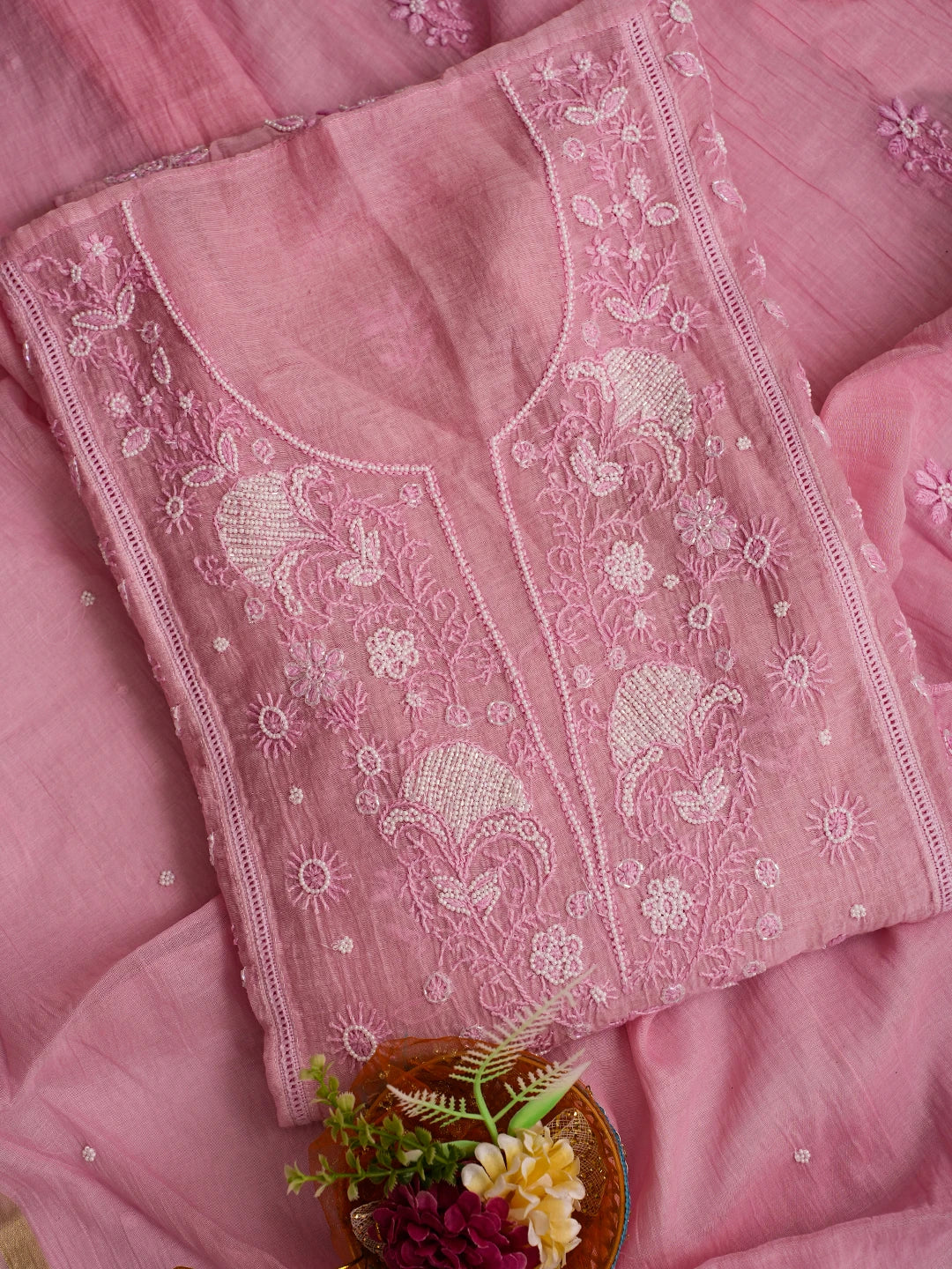 Ada Hand Embroidered Pink Chanderi Lucknowi Chikankari Semi-Stitched Kurta Dupatta Set With Pearl Work 01A700403
