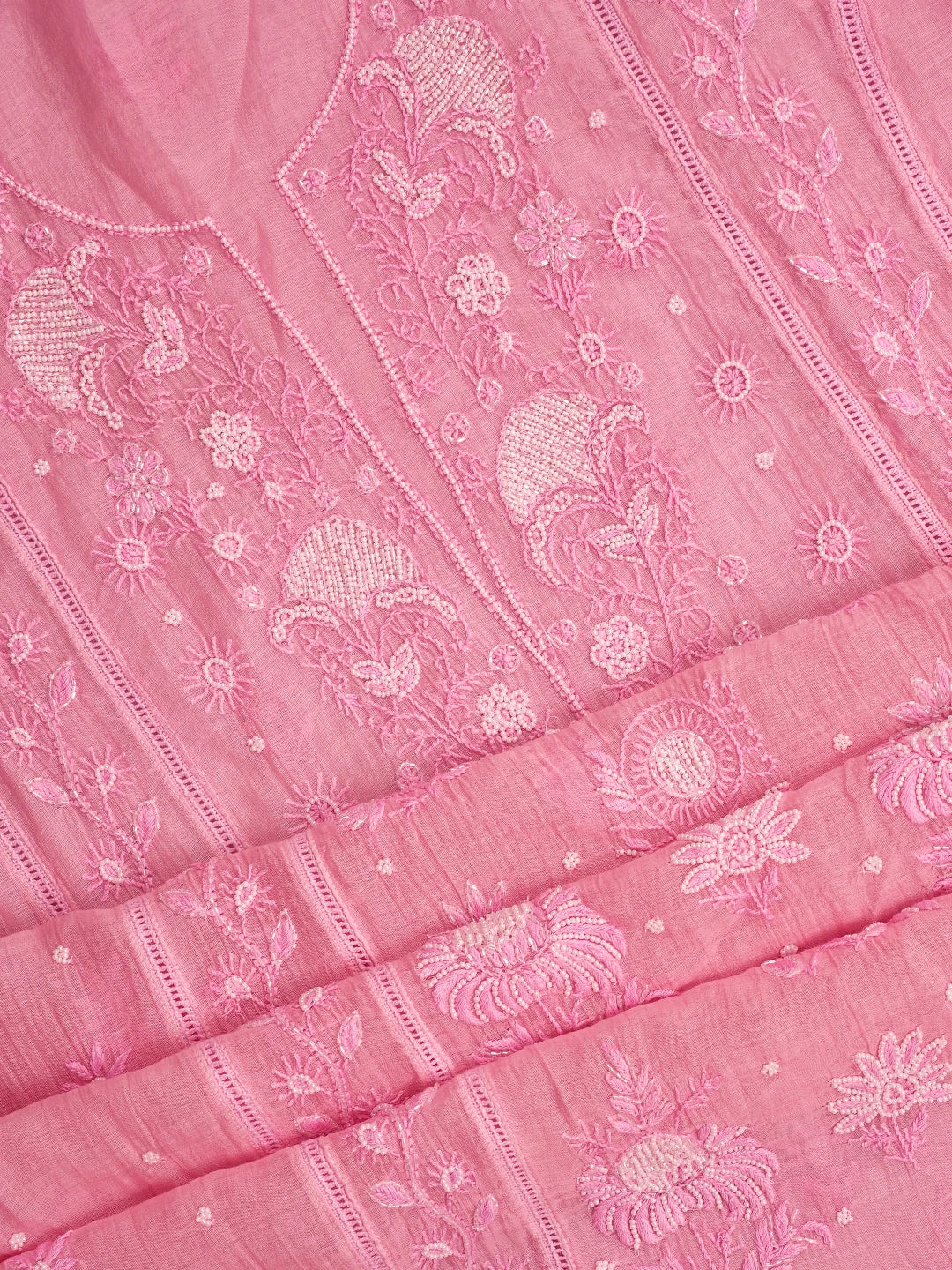 Ada Hand Embroidered Pink Chanderi Lucknowi Chikankari Semi-Stitched Kurta Dupatta Set With Pearl Work 01A700403