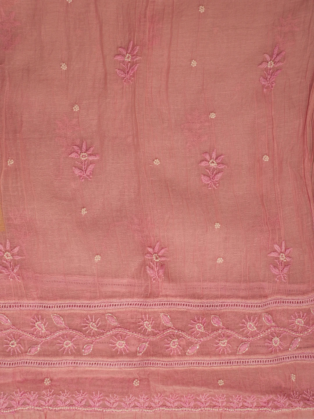 Ada Hand Embroidered Pink Chanderi Lucknowi Chikankari Semi-Stitched Kurta Dupatta Set With Pearl Work 01A700403