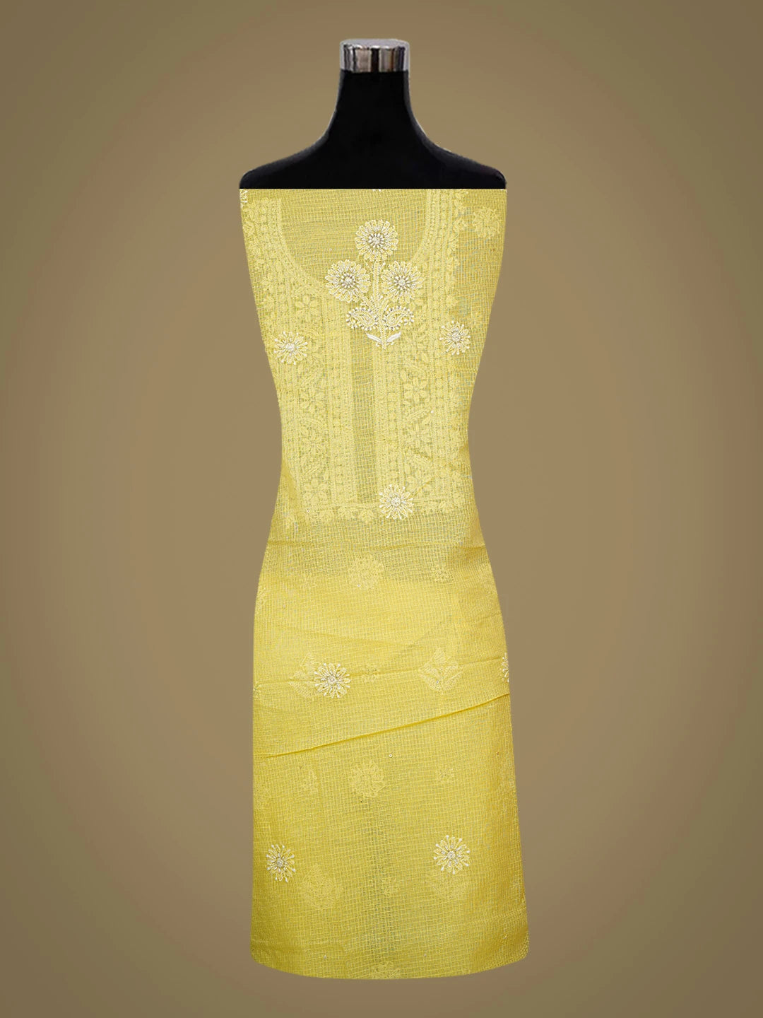 Ada Hand Embroidered Lemon Yellow Kota Lucknowi Chikankari Unstitched Kurta Dupatta Set With Cutdana Work 01A574056