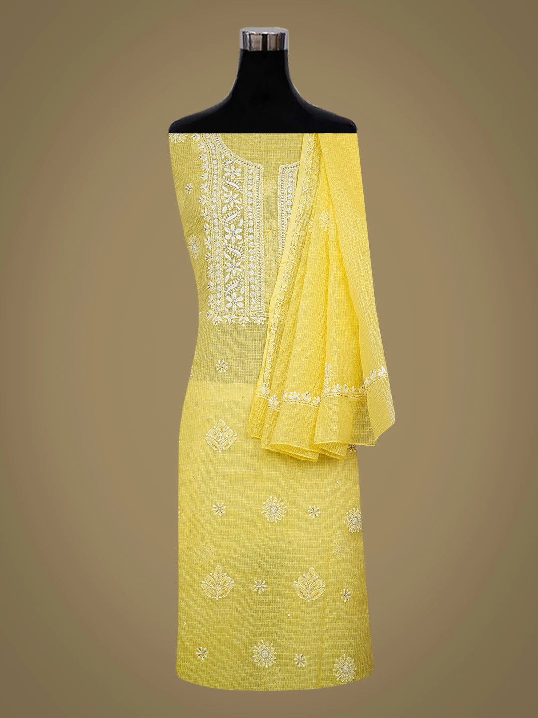 Ada Hand Embroidered Lemon Yellow Kota Lucknowi Chikankari Unstitched Kurta Dupatta Set With Cutdana Work 01A574056