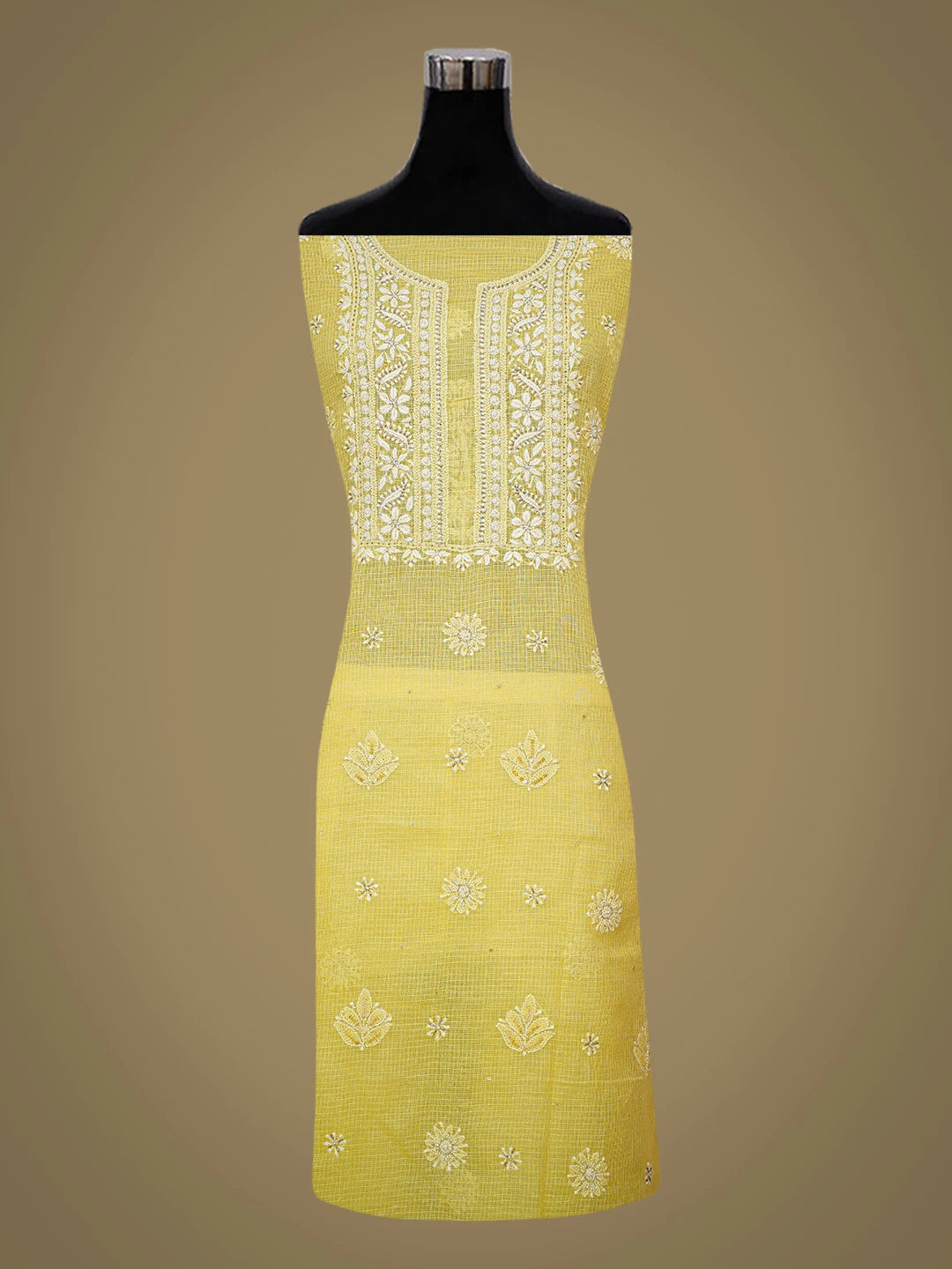Ada Hand Embroidered Lemon Yellow Kota Lucknowi Chikankari Unstitched Kurta Dupatta Set With Cutdana Work 01A574056
