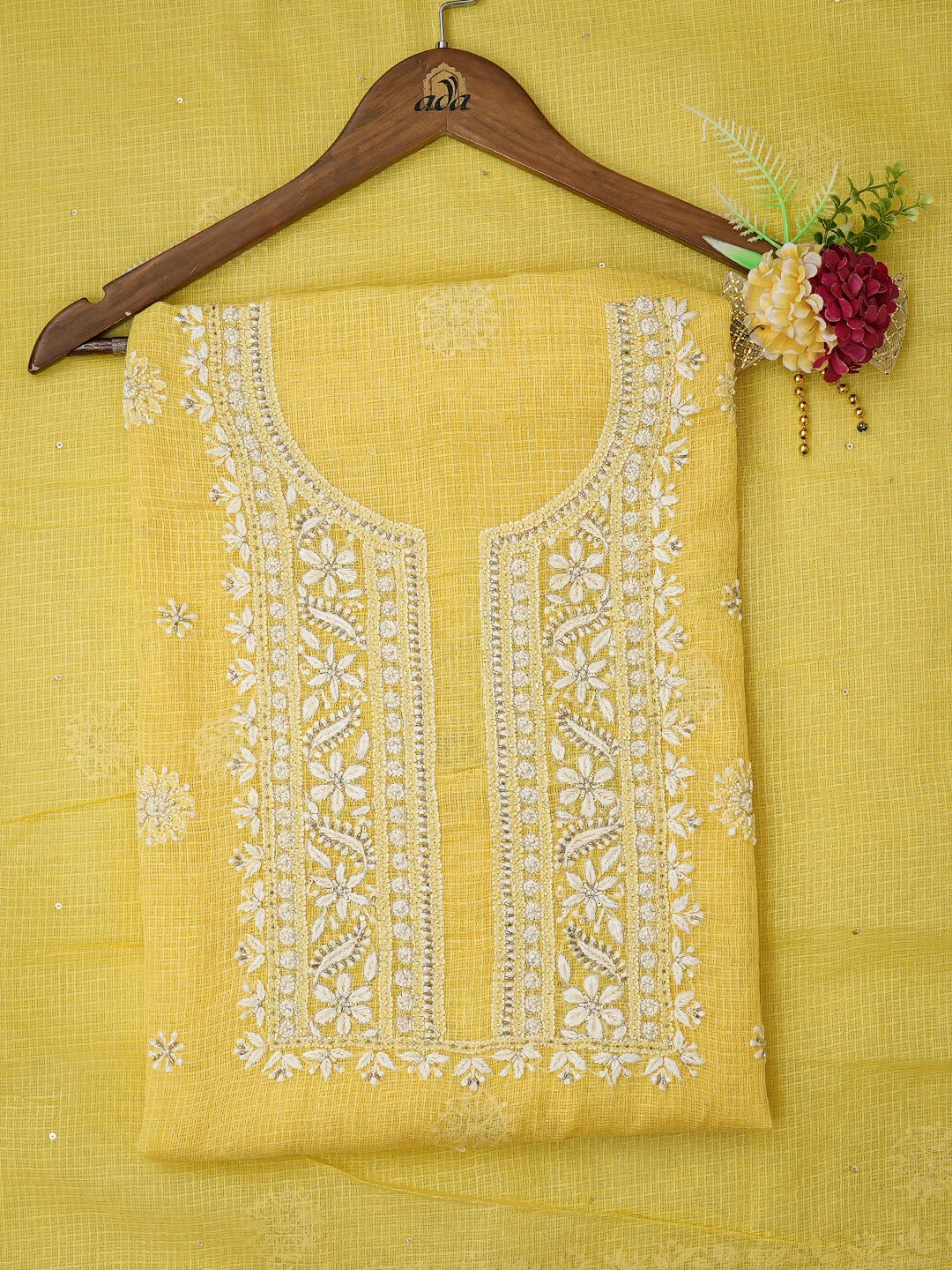 Ada Hand Embroidered Lemon Yellow Kota Lucknowi Chikankari Unstitched Kurta Dupatta Set With Cutdana Work 01A574056