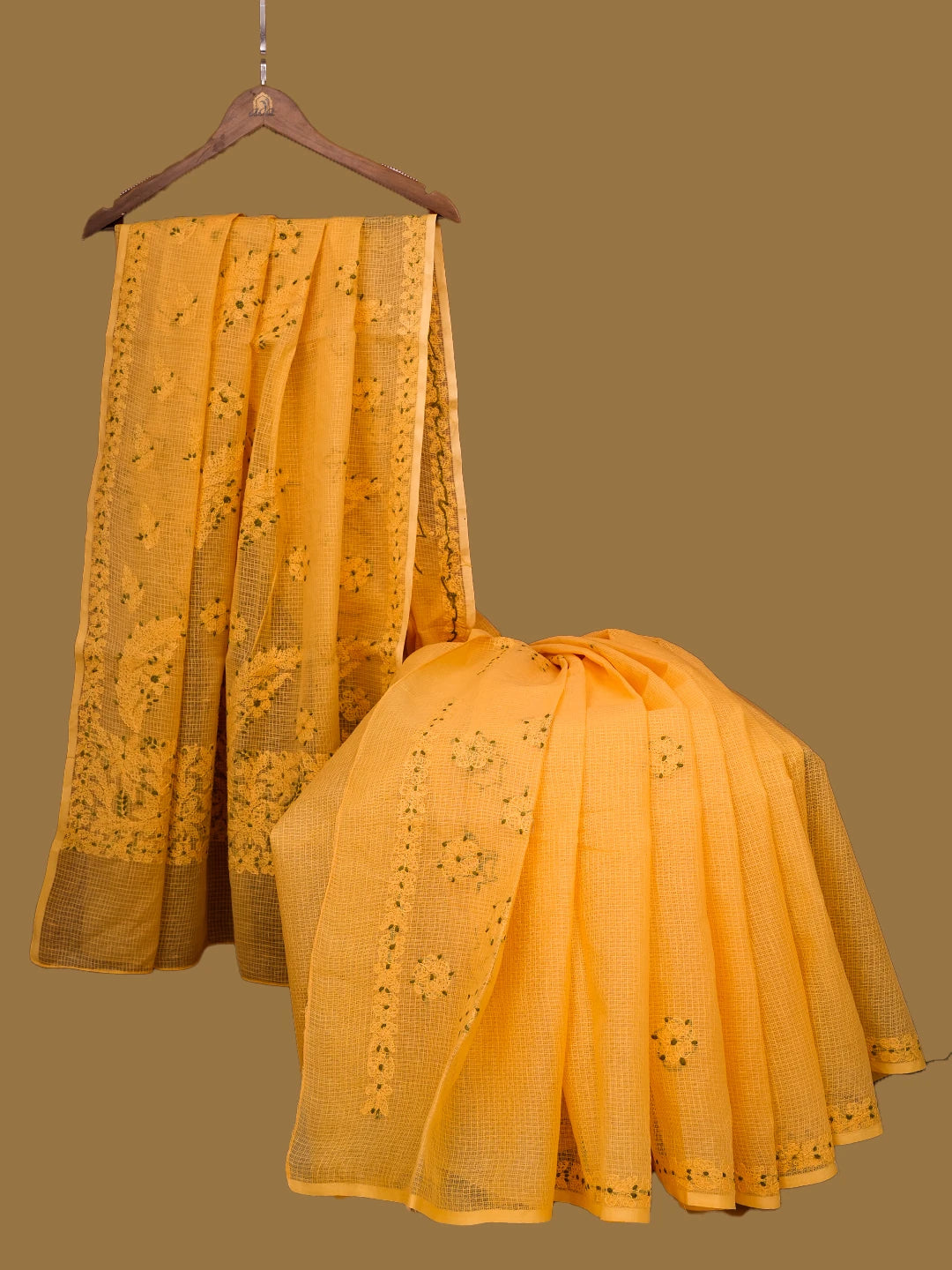 Ada Hand Embroidered Gamboge Yellow Kota Lucknowi Chikankari Saree and Blouse 01A668979