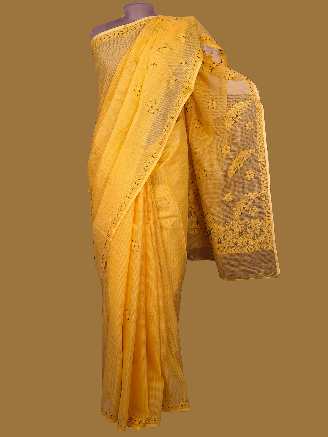 Ada Hand Embroidered Gamboge Yellow Kota Lucknowi Chikankari Saree and Blouse 01A668979