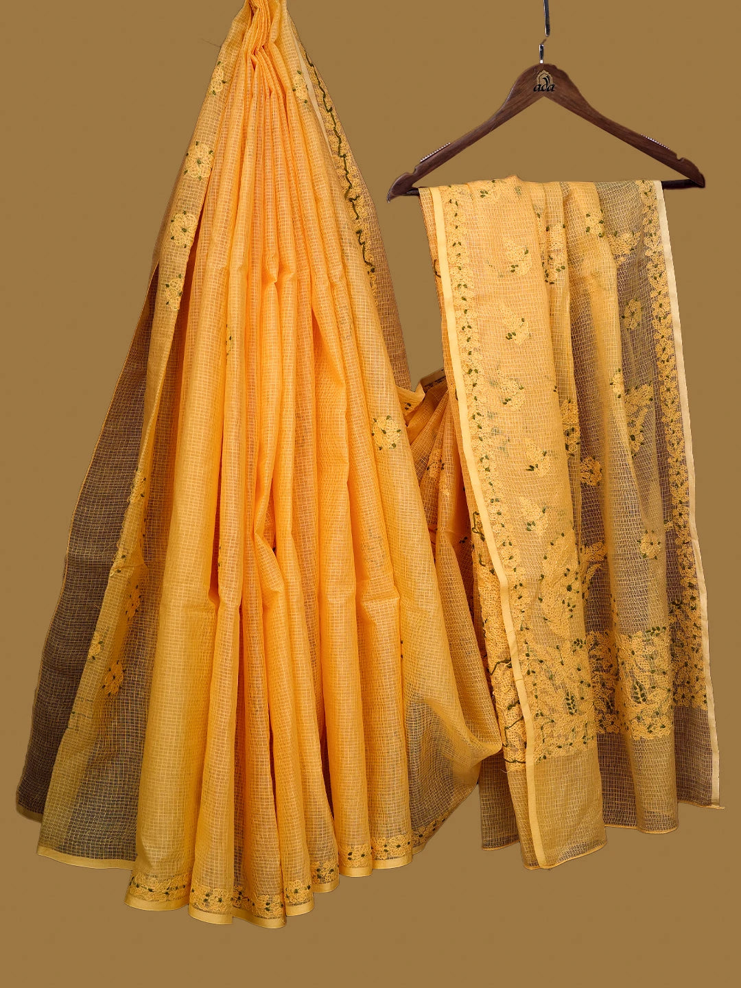 Ada Hand Embroidered Gamboge Yellow Kota Lucknowi Chikankari Saree and Blouse 01A668979