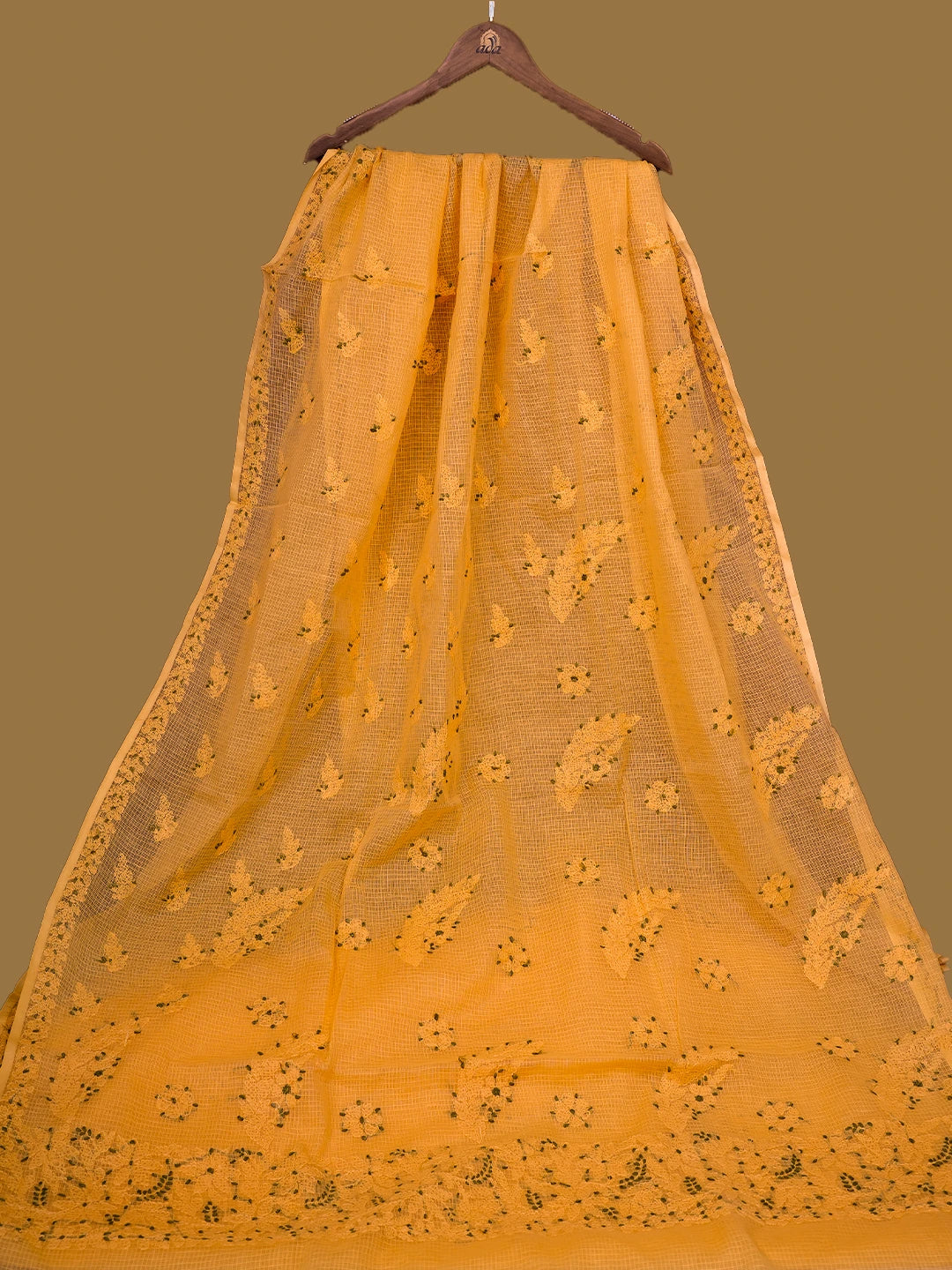 Ada Hand Embroidered Gamboge Yellow Kota Lucknowi Chikankari Saree and Blouse 01A668979