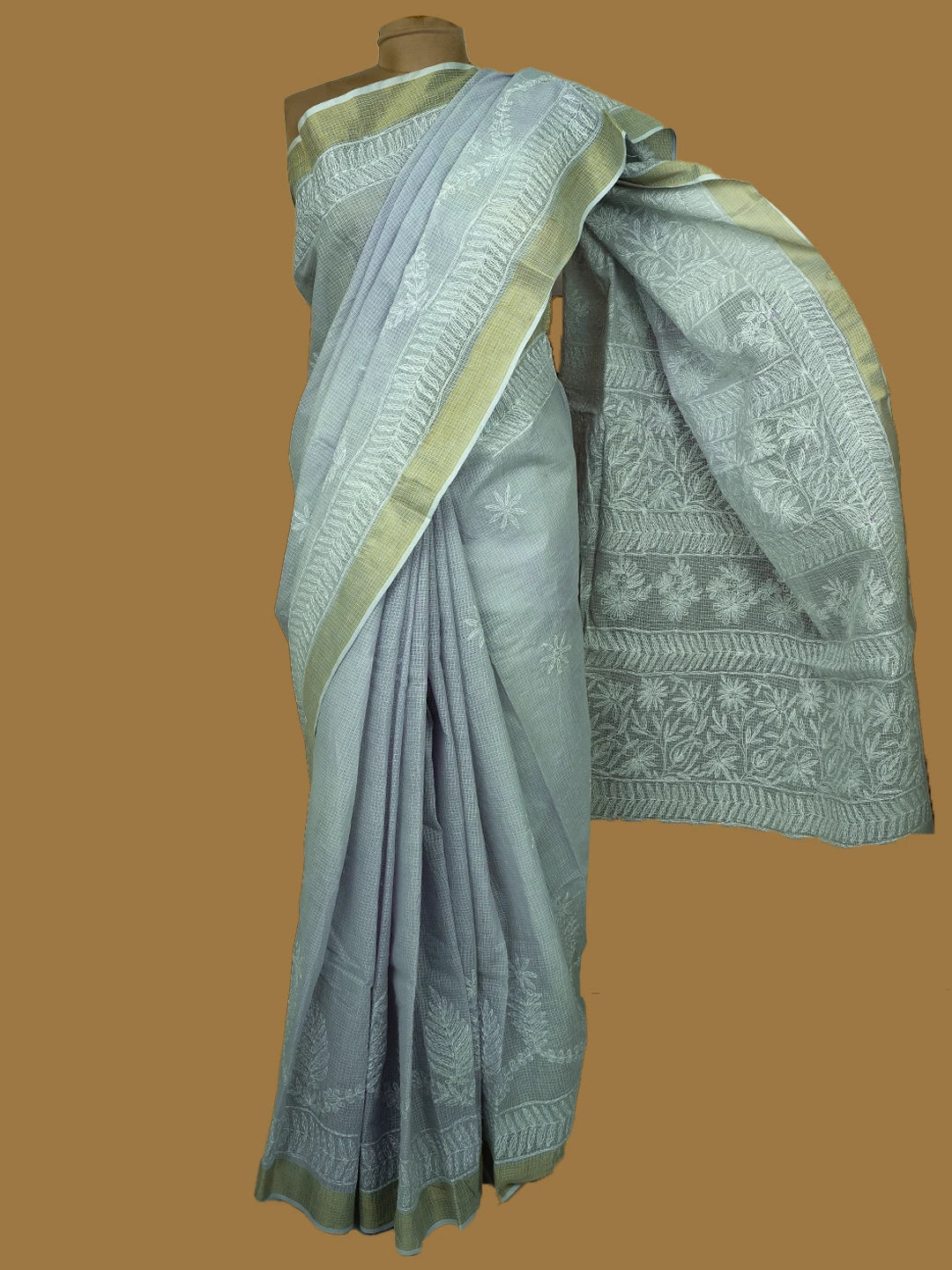 Ada Hand Embroidered Grey Kota Lucknowi Chikankari Saree and Blouse 01A711517