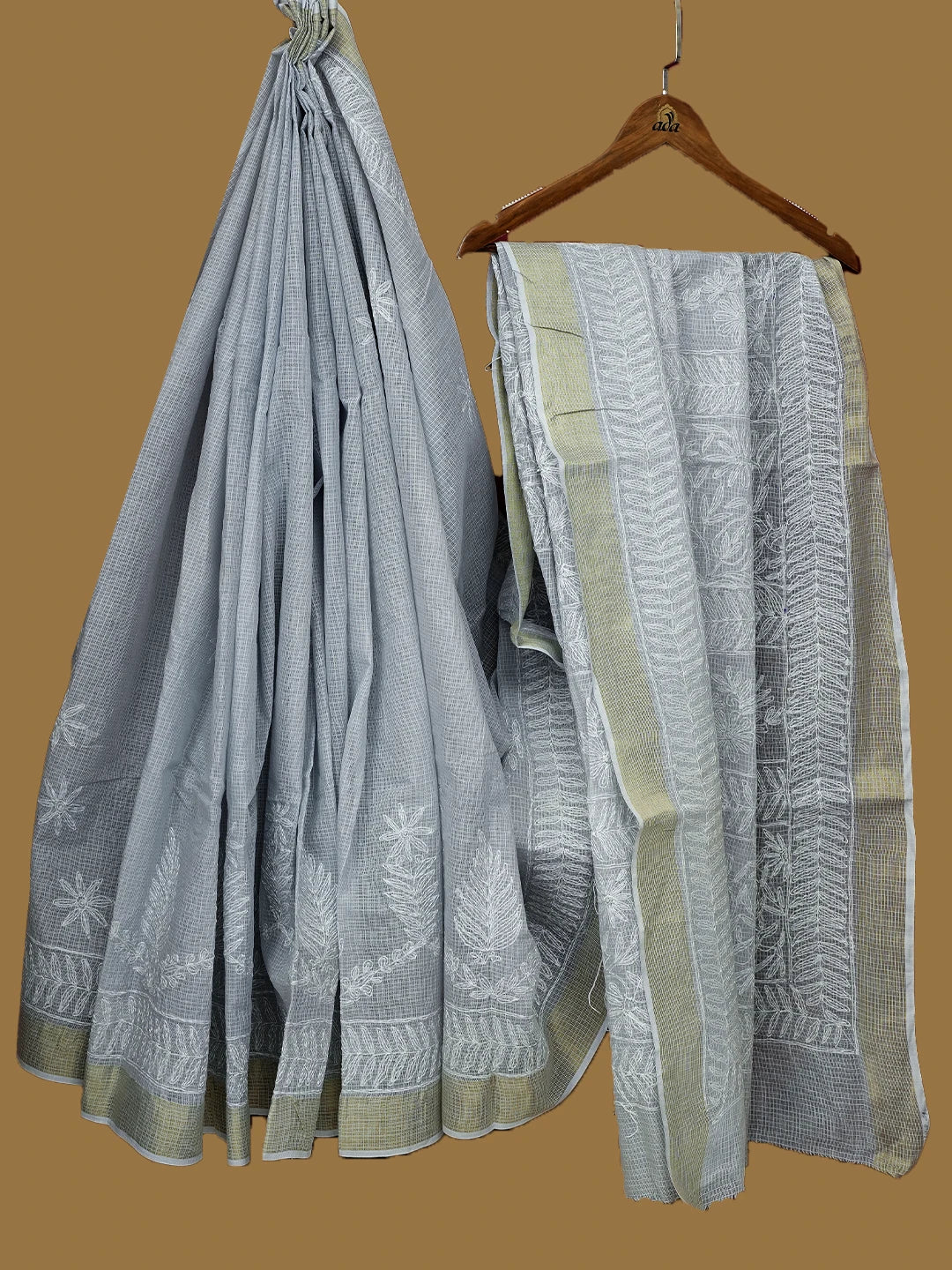 Ada Hand Embroidered Grey Kota Lucknowi Chikankari Saree and Blouse 01A711517