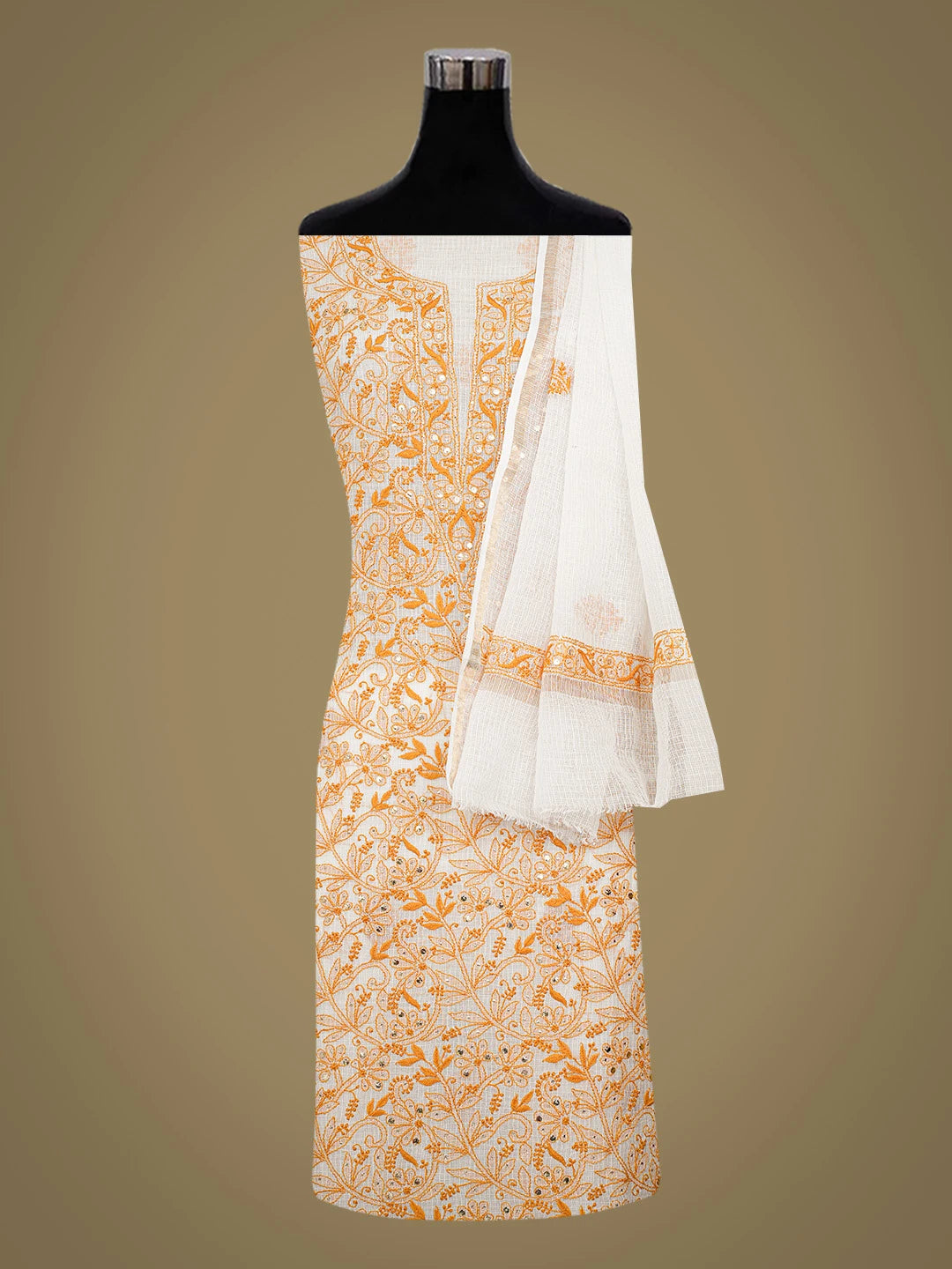 Ada Hand Embroidered White Kota Lucknowi Chikankari Unstitched Kurta Dupatta Set With Mukaish Work 01A670012