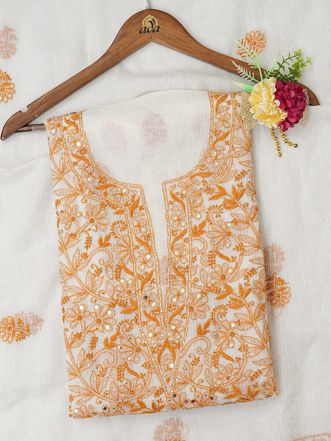 Ada Hand Embroidered White Kota Lucknowi Chikankari Unstitched Kurta Dupatta Set With Mukaish Work 01A670012