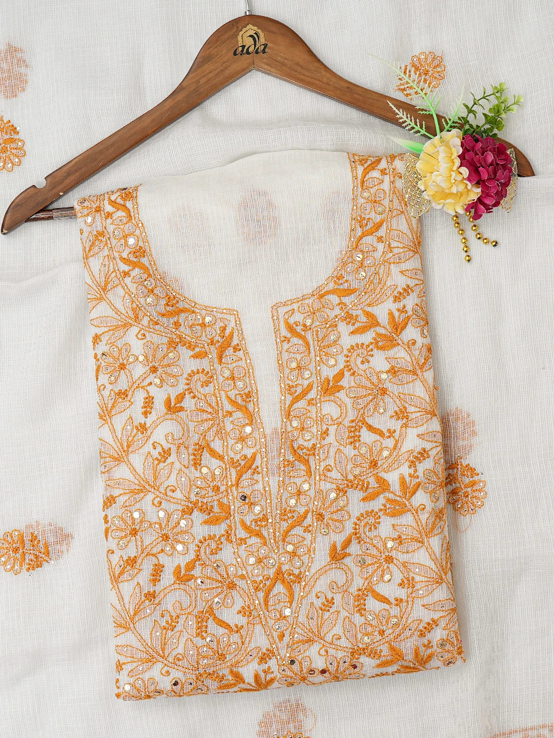 Ada Hand Embroidered White Kota Lucknowi Chikankari Unstitched Kurta Dupatta Set With Mukaish Work 01A670012