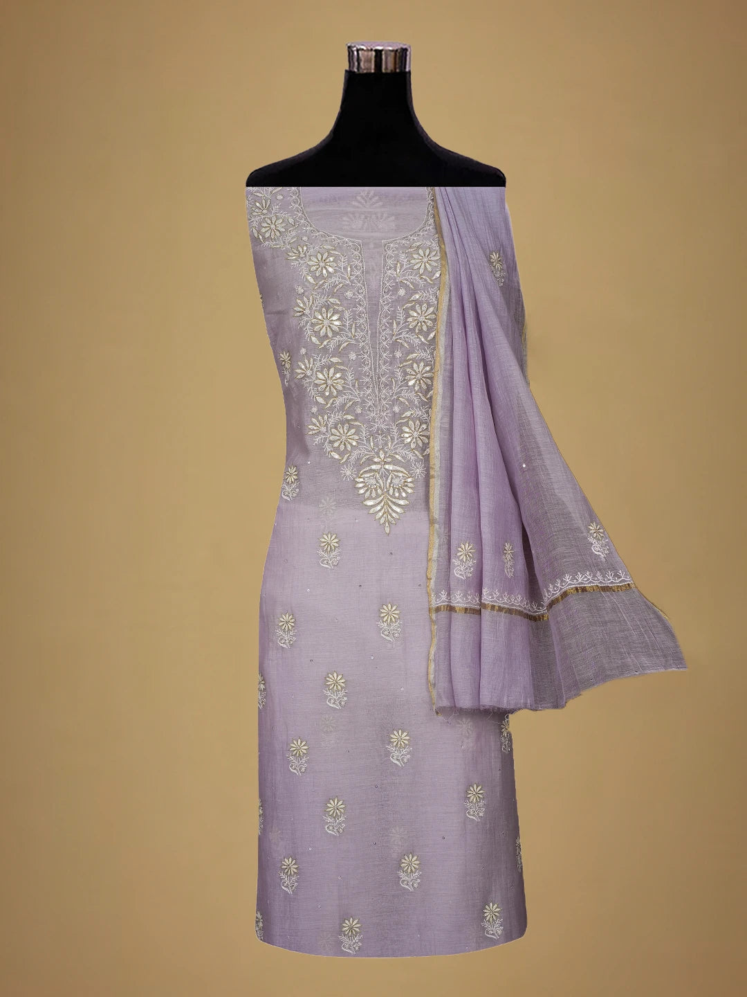 Ada Hand Embroidered Lavender Chanderi Lucknowi Chikankari Unstitched Kurta Dupatta Set With Cutdana Work 01A687420