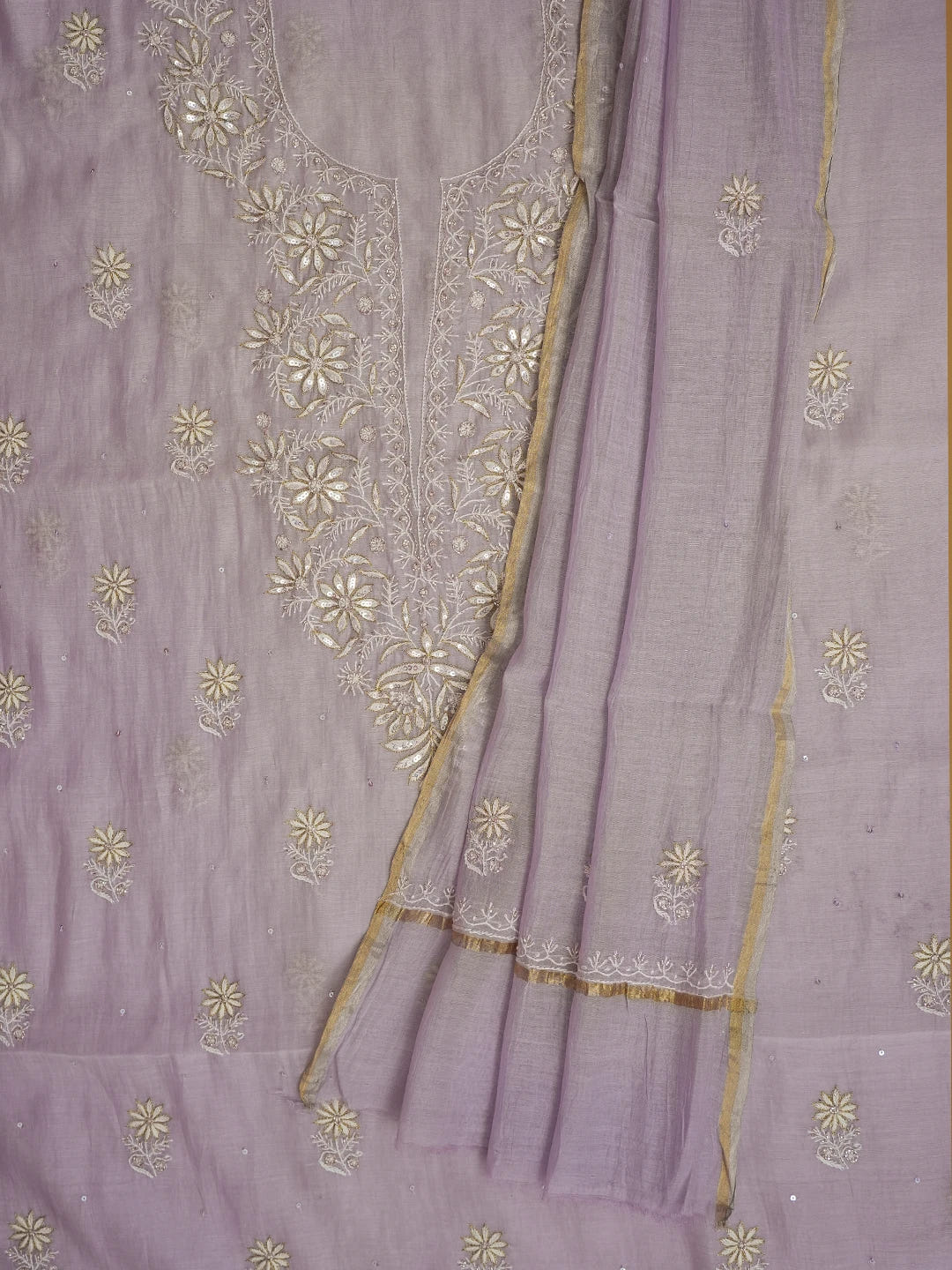 Ada Hand Embroidered Lavender Chanderi Lucknowi Chikankari Unstitched Kurta Dupatta Set With Cutdana Work 01A687420