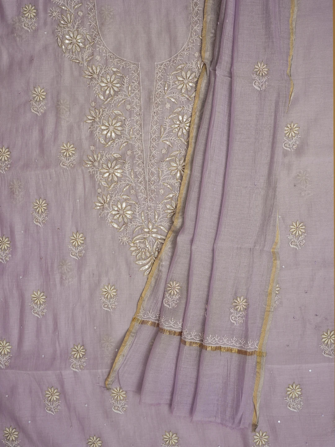 Ada Hand Embroidered Lavender Chanderi Lucknowi Chikankari Unstitched Kurta Dupatta Set With Cutdana Work 01A687420