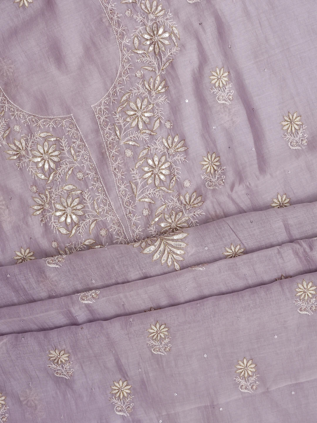 Ada Hand Embroidered Lavender Chanderi Lucknowi Chikankari Unstitched Kurta Dupatta Set With Cutdana Work 01A687420