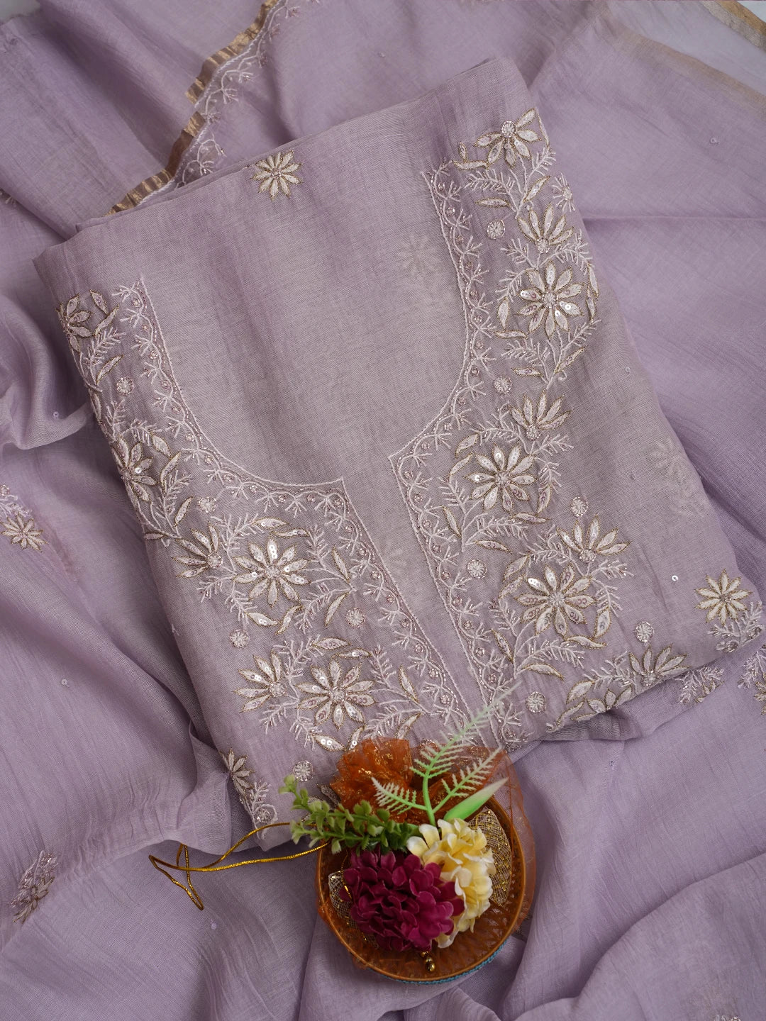 Ada Hand Embroidered Lavender Chanderi Lucknowi Chikankari Unstitched Kurta Dupatta Set With Cutdana Work 01A687420