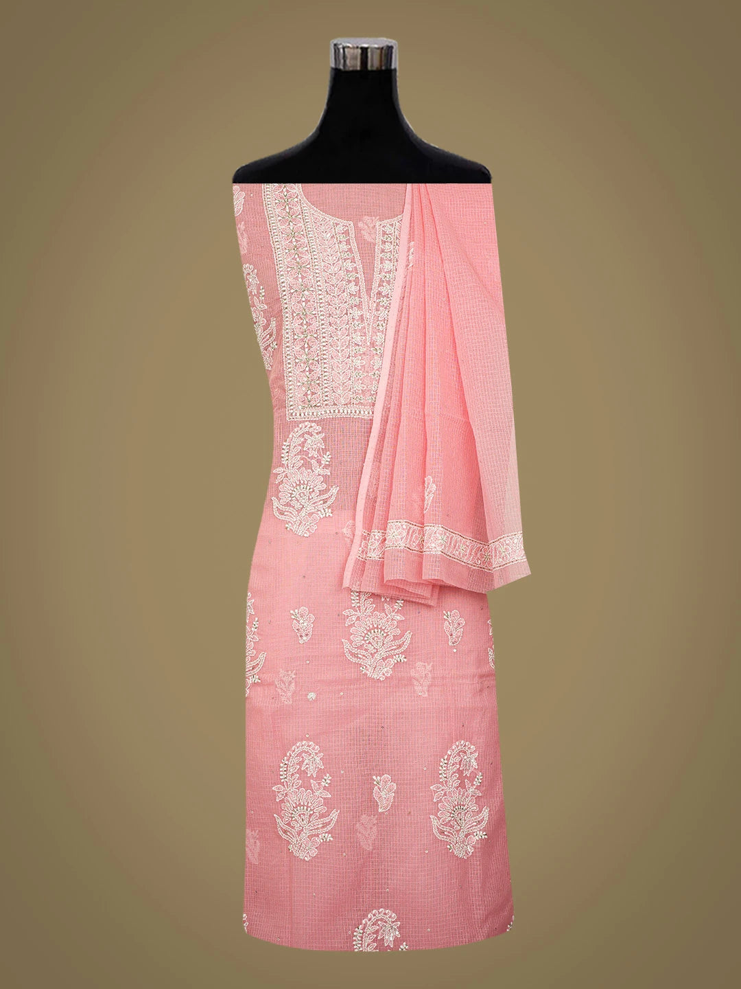 Ada Hand Embroidered Carrot Pink Kota Lucknowi Chikankari Unstitched Kurta Dupatta Set With Cutdana Work 01A574083