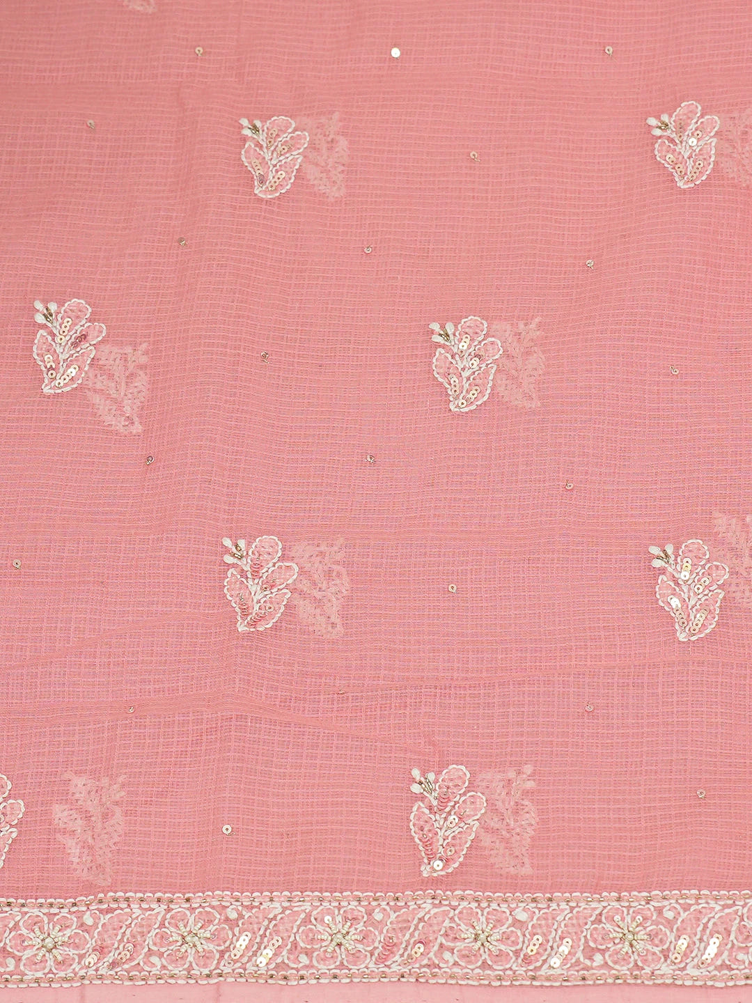 Ada Hand Embroidered Carrot Pink Kota Lucknowi Chikankari Unstitched Kurta Dupatta Set With Cutdana Work 01A574083