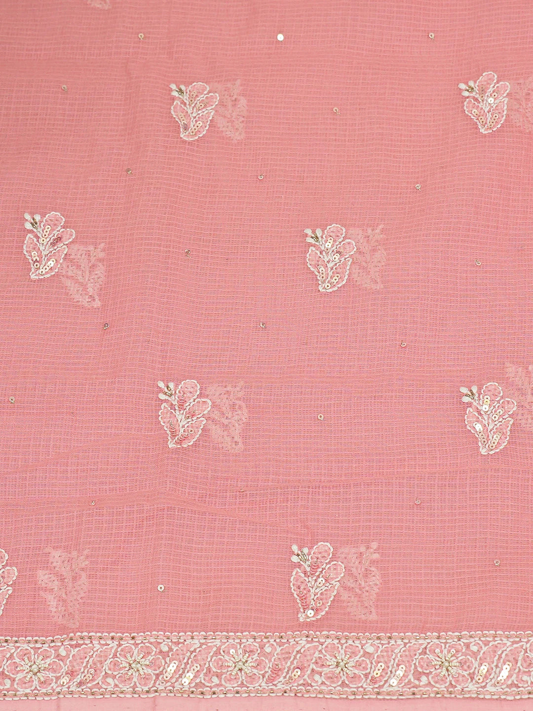Ada Hand Embroidered Carrot Pink Kota Lucknowi Chikankari Unstitched Kurta Dupatta Set With Cutdana Work 01A574083