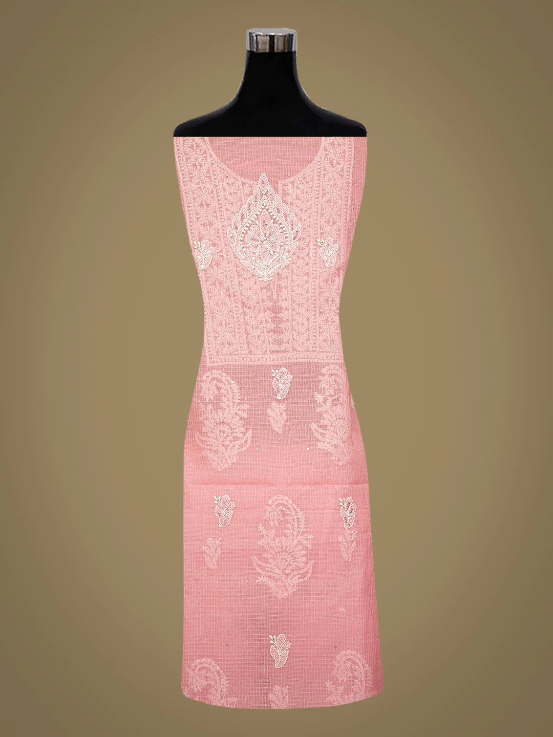Ada Hand Embroidered Carrot Pink Kota Lucknowi Chikankari Unstitched Kurta Dupatta Set With Cutdana Work 01A574083