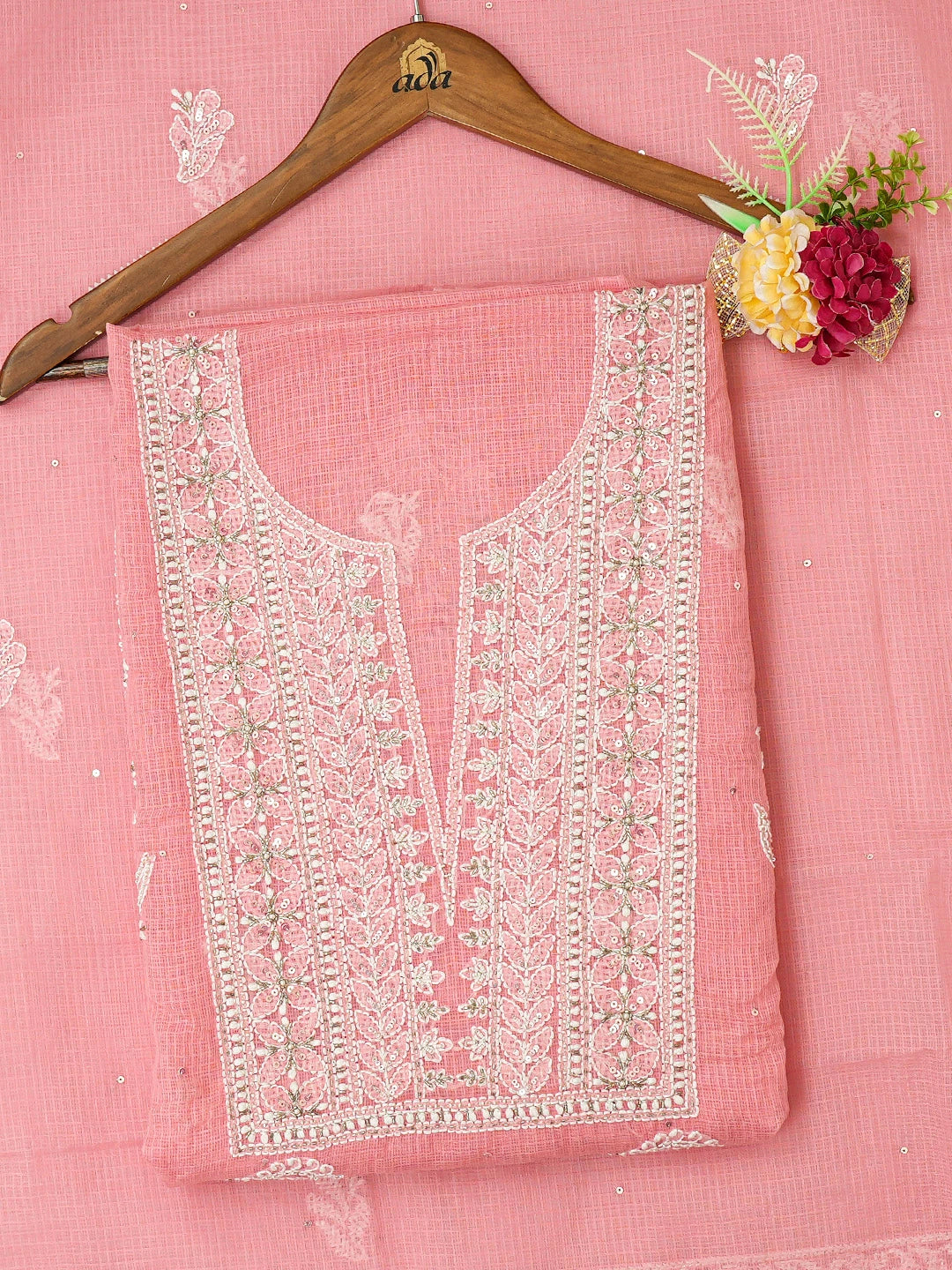 Ada Hand Embroidered Carrot Pink Kota Lucknowi Chikankari Unstitched Kurta Dupatta Set With Cutdana Work 01A574083