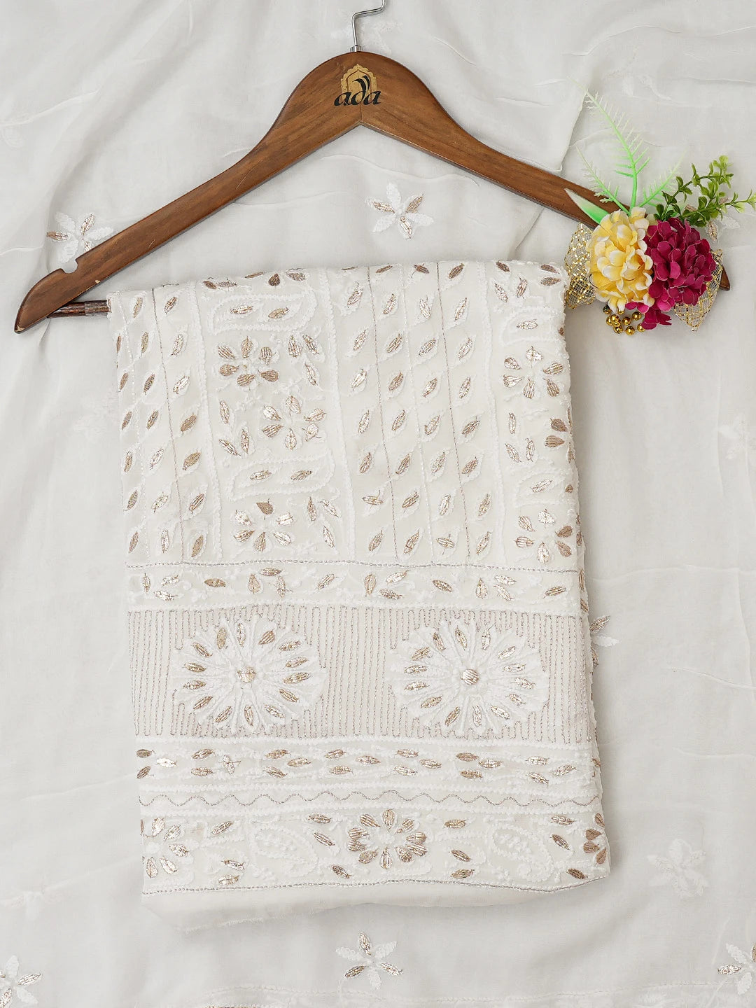 Ada Hand Embroidered White Viscose Georgette Lucknowi Chikankari Unstitched Kurta Dupatta Set With Gota Patti Work 01A594186