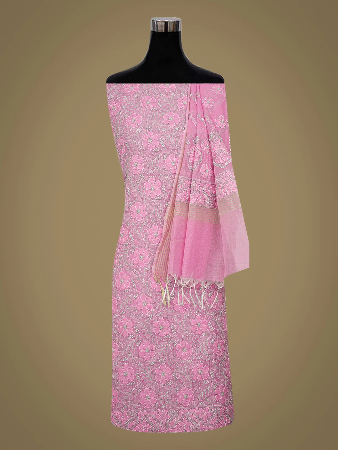 Ada Hand Embroidered Sky Magenta Chanderi Lucknowi Chikankari Unstitched Kurta Dupatta Set 01A710983