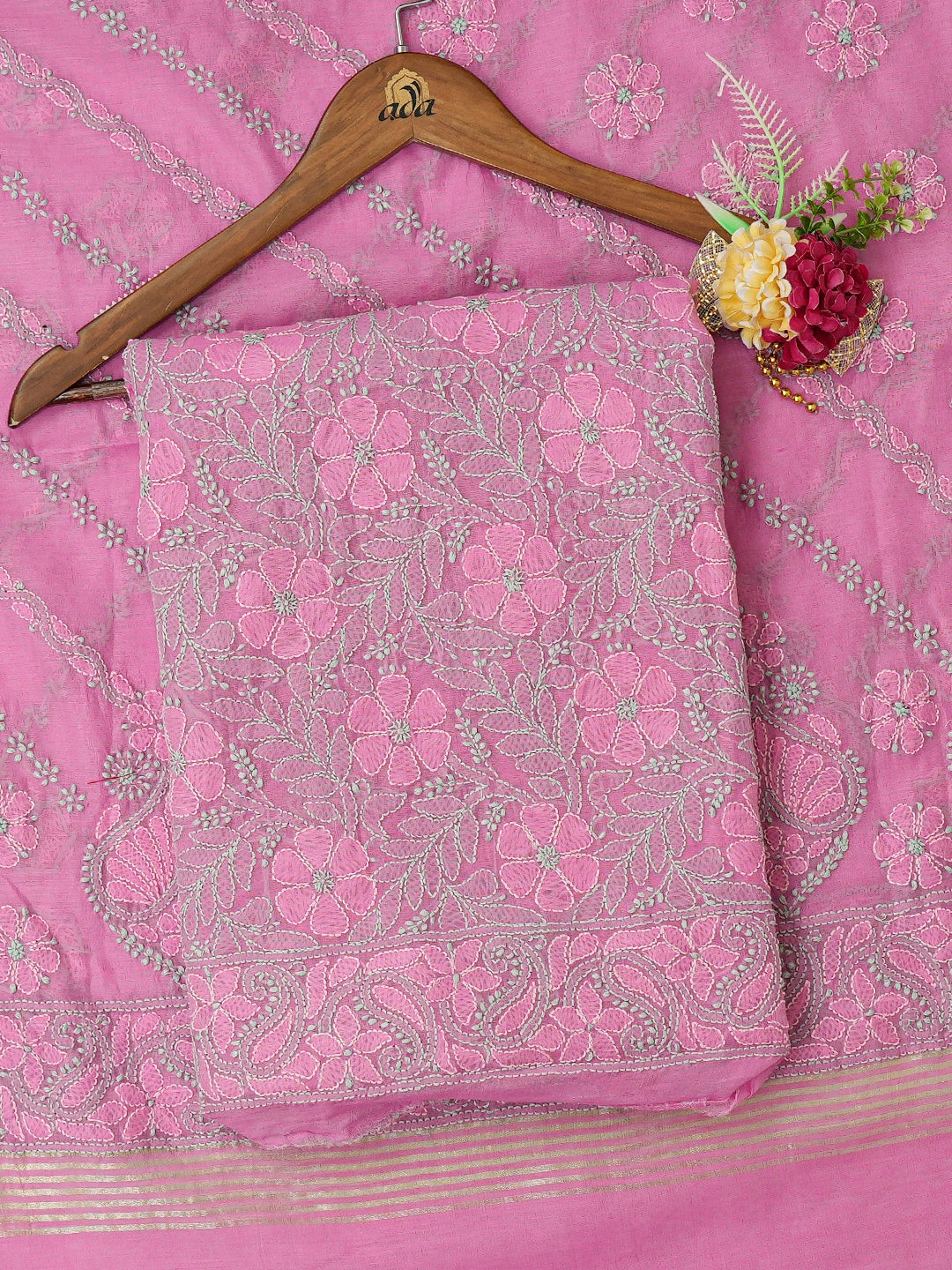 Ada Hand Embroidered Sky Magenta Chanderi Lucknowi Chikankari Unstitched Kurta Dupatta Set 01A710983