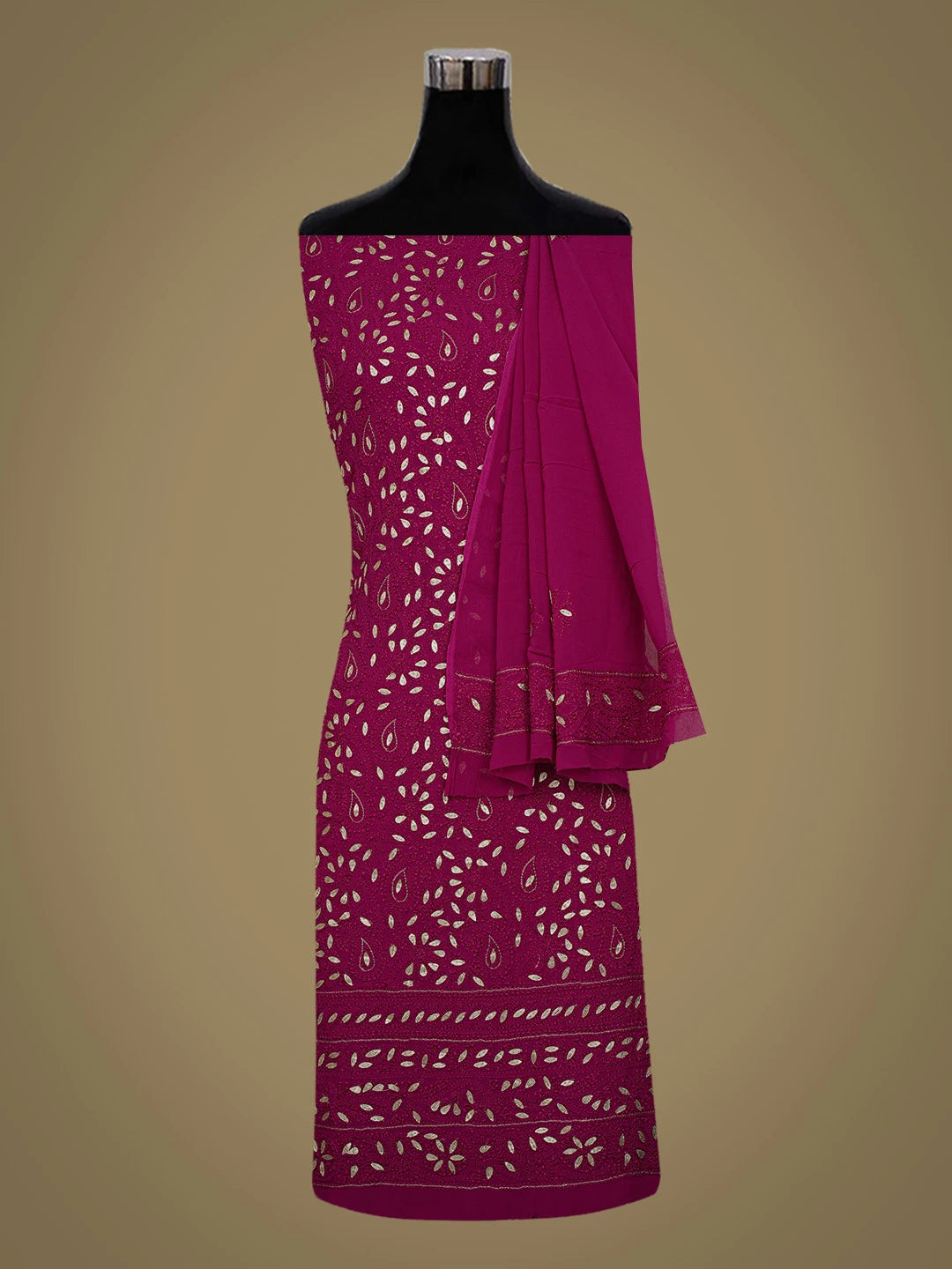 Ada Hand Embroidered Magenta Viscose Georgette Lucknowi Chikankari Unstitched Kurta Dupatta Set With Gota Patti Work 01A684939