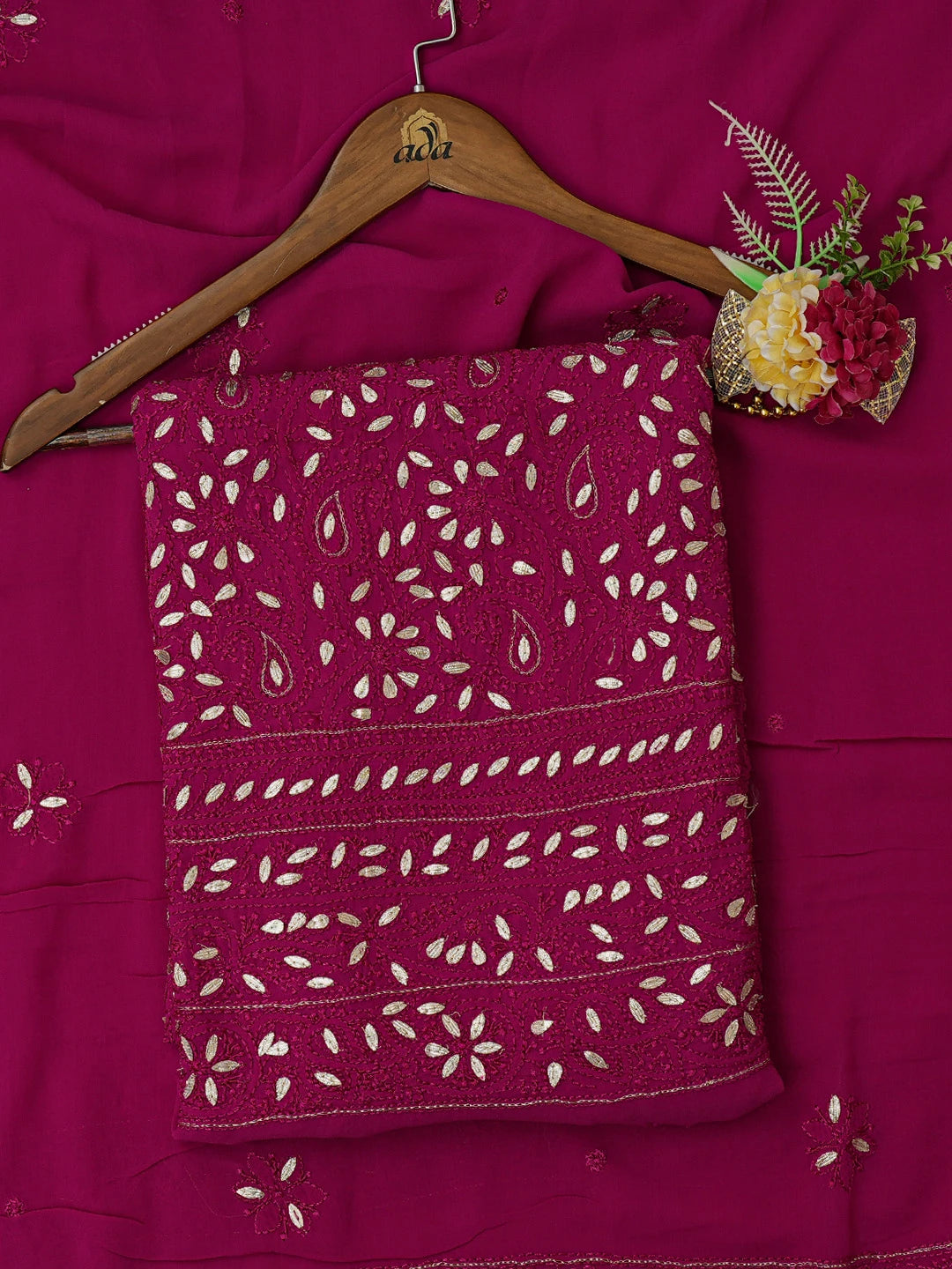 Ada Hand Embroidered Magenta Viscose Georgette Lucknowi Chikankari Unstitched Kurta Dupatta Set With Gota Patti Work 01A684939