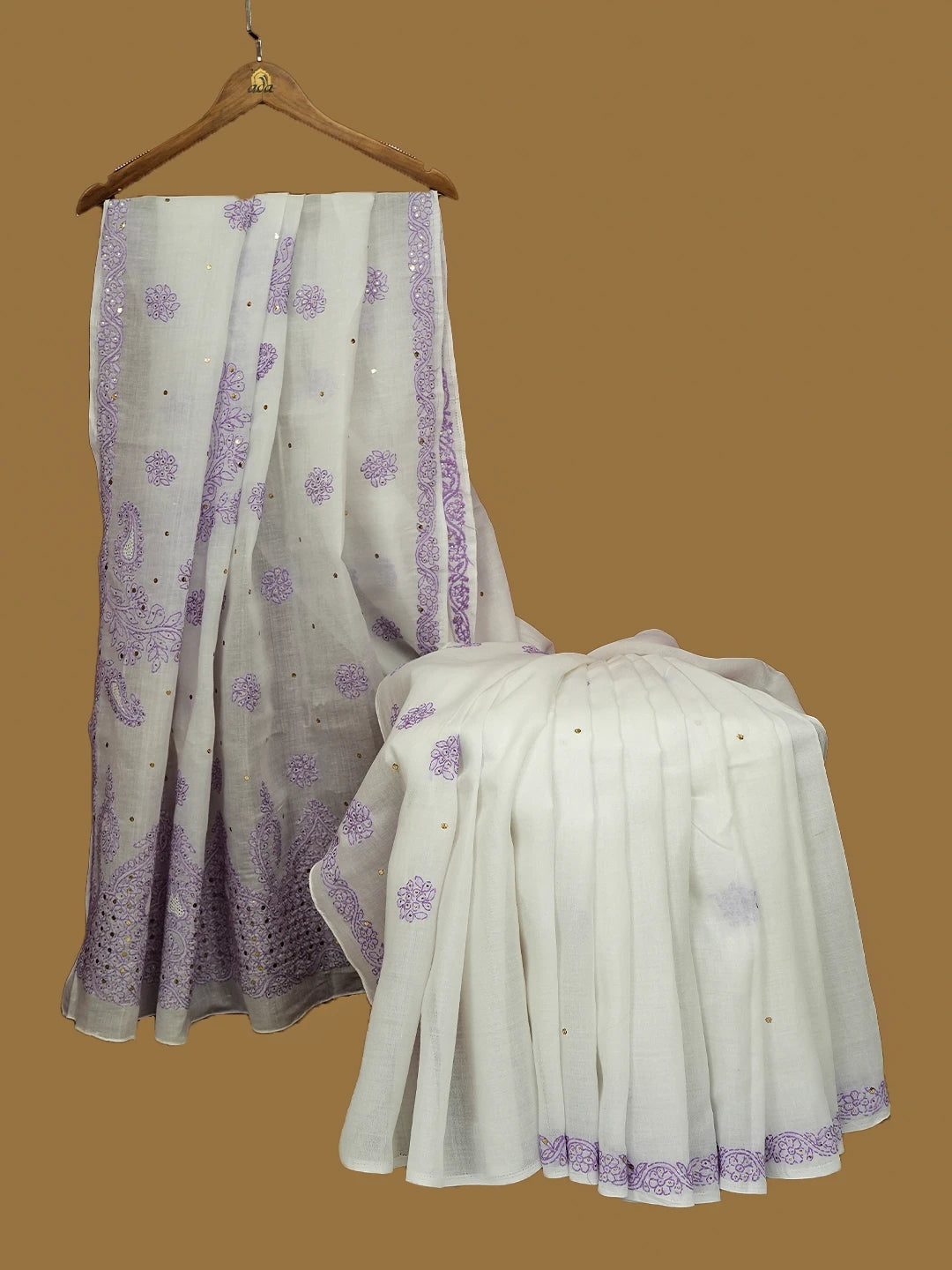 Ada Hand Embroidered White Cotton Lucknowi Chikankari Saree and Blouse With Mukaish Work 01A599607