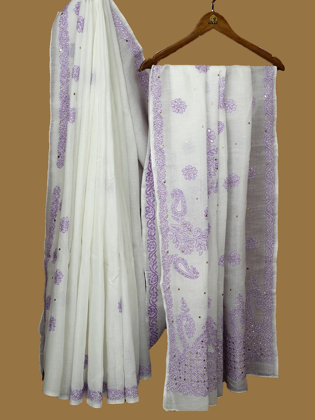 Ada Hand Embroidered White Cotton Lucknowi Chikankari Saree and Blouse With Mukaish Work 01A599607