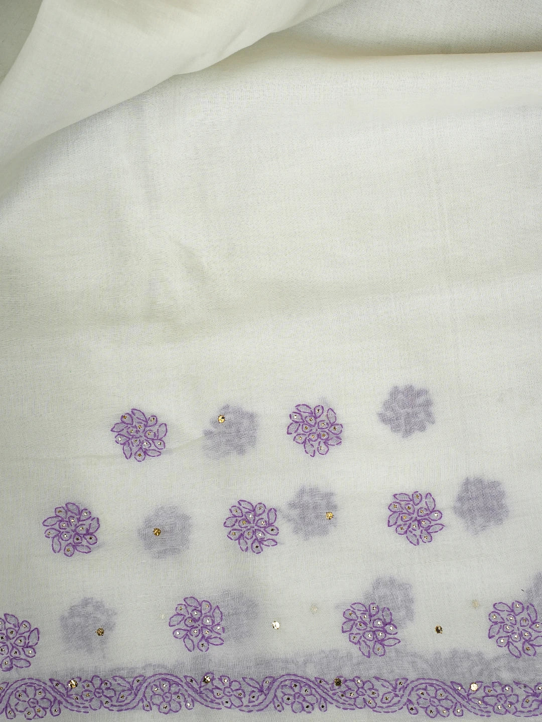 Ada Hand Embroidered White Cotton Lucknowi Chikankari Saree and Blouse With Mukaish Work 01A599607