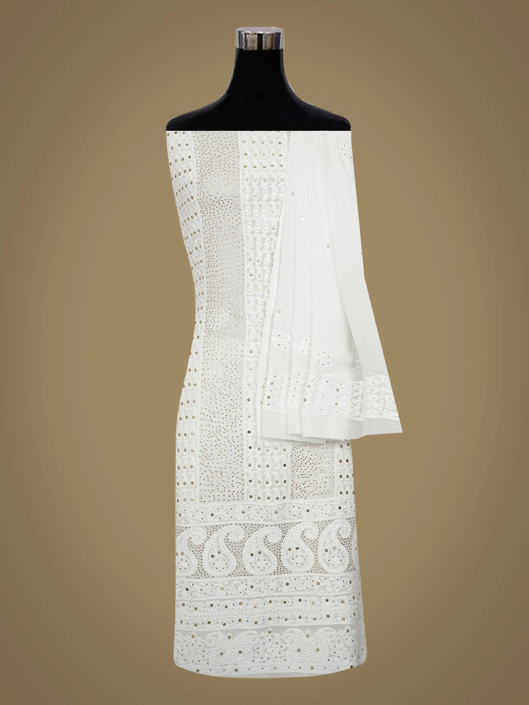 Ada Hand Embroidered White Viscose Georgette Lucknowi Chikankari Unstitched Kurta Dupatta Set With Muqaish Work 01A559635