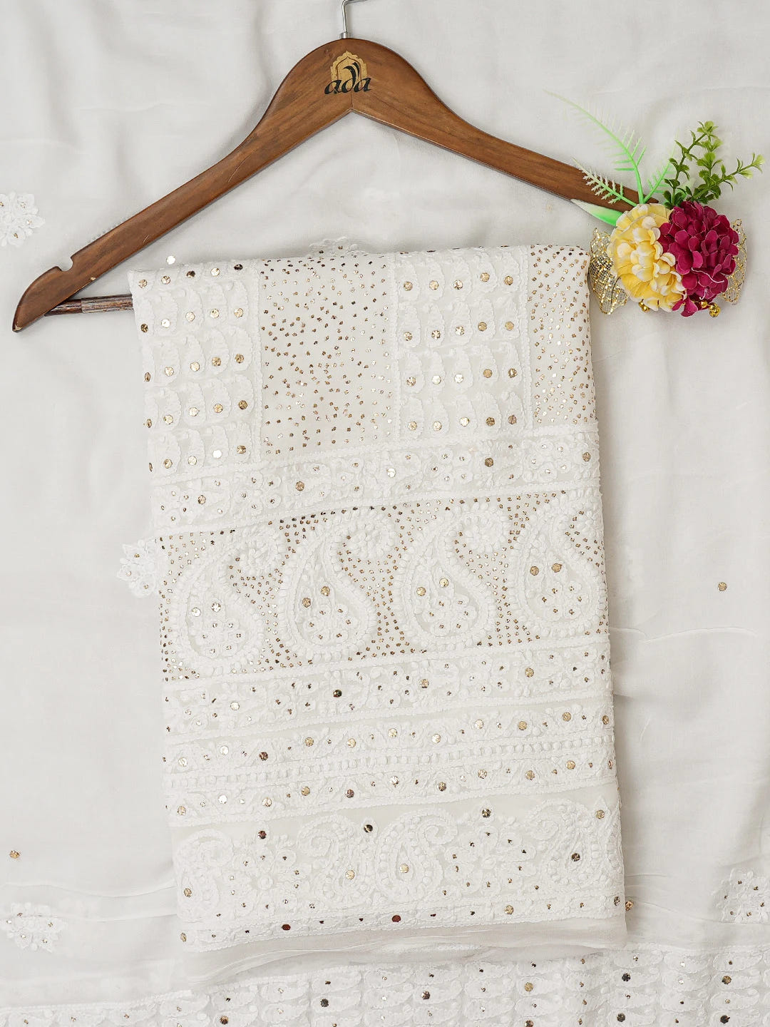 Ada Hand Embroidered White Viscose Georgette Lucknowi Chikankari Unstitched Kurta Dupatta Set With Muqaish Work 01A559635