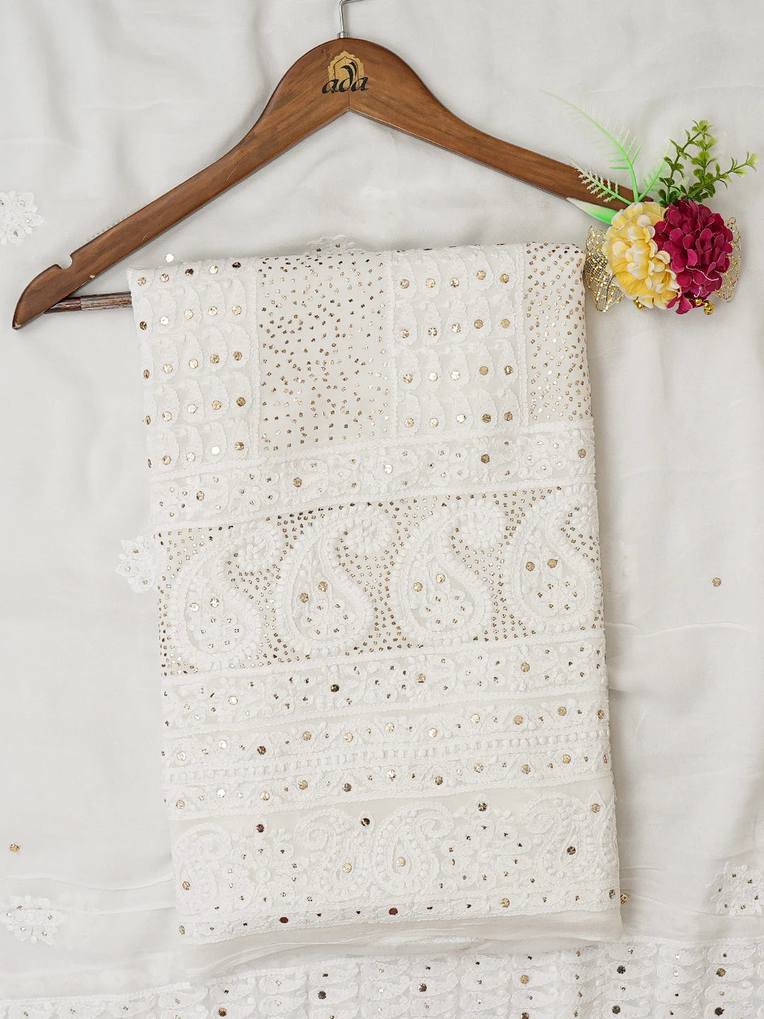 Ada Hand Embroidered White Viscose Georgette Lucknowi Chikankari Unstitched Kurta Dupatta Set With Muqaish Work 01A559635