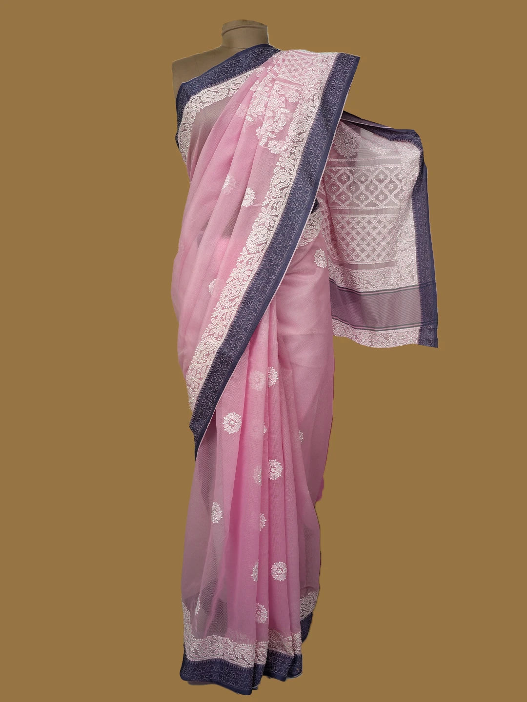 Ada Hand Embroidered Pink Chanderi Lucknowi Chikankari Saree and Blouse 01A719815